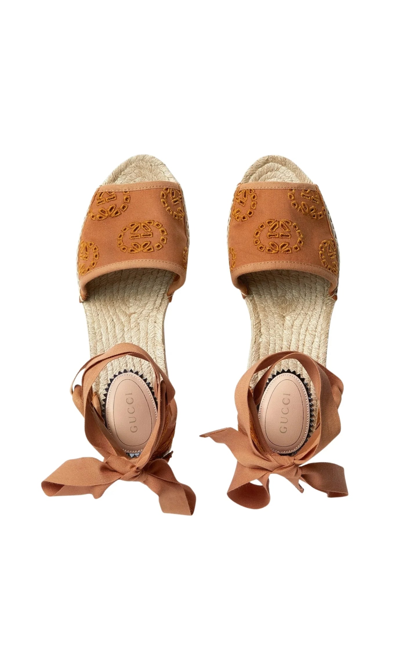 Gucci Interlocking G Platform Espadrilles in Brown Canvas Ribbon Tie