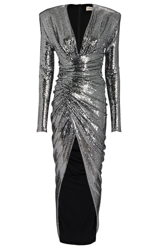 Ruched Silver Sequined Gown-Midi Dresses-Alexandre Vauthier-FR 34-Black-polyester-Runway Catalog