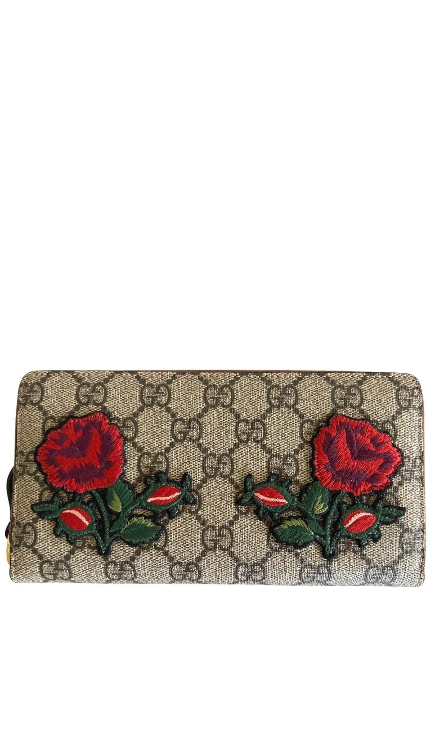 Gucci GG Supreme Monogram Embroidered Floral Zip Around Wallet