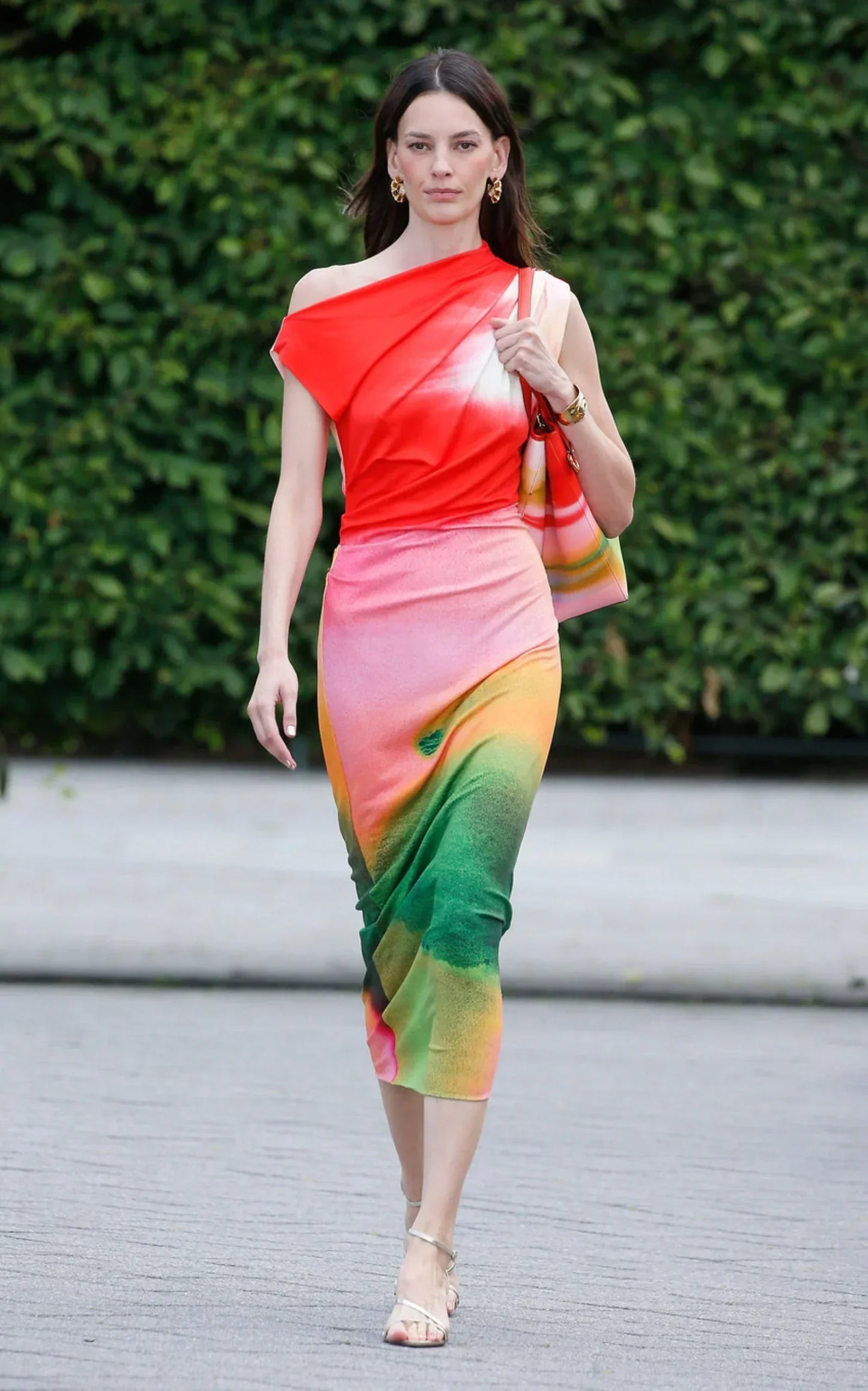 Draped Watercolor-Print Jersey Midi Dress