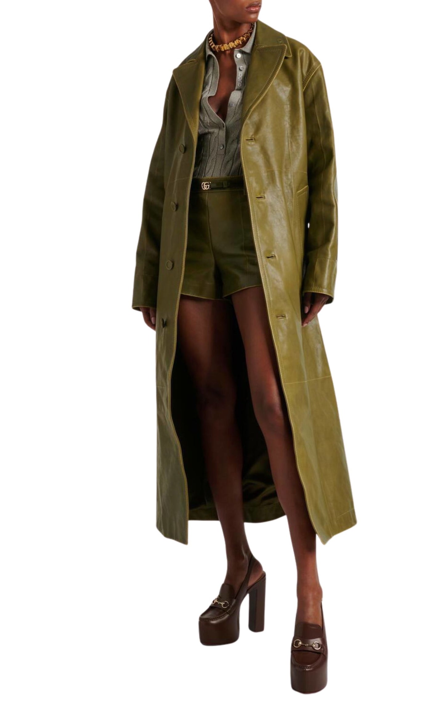 Runway Military Green Leather Overcoat - Winter 2024 Collection
