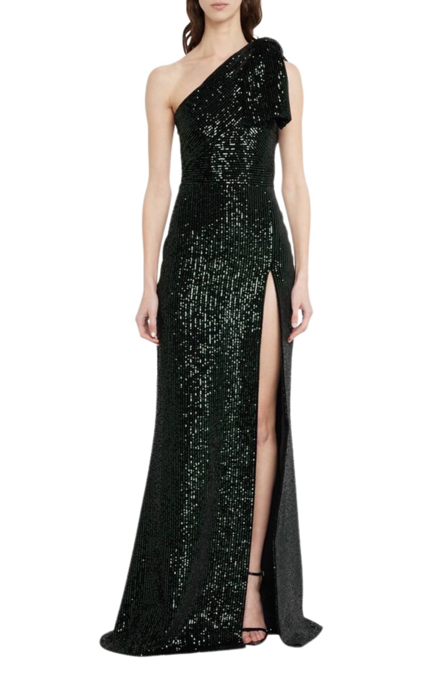 Green Sequinned Velvet One-Shoulder Dress