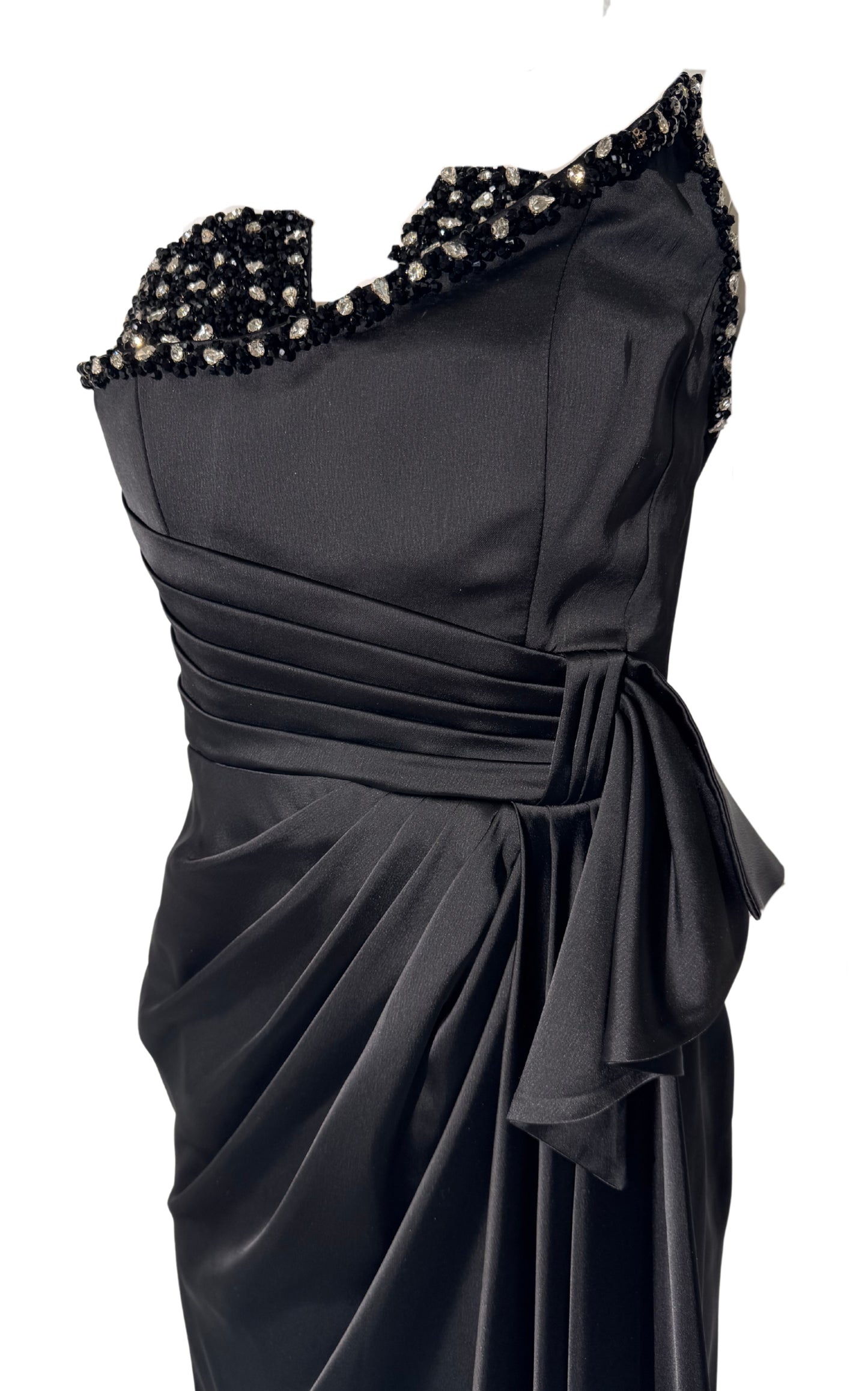 One Shoulder Black Satin Draped Corset Dress