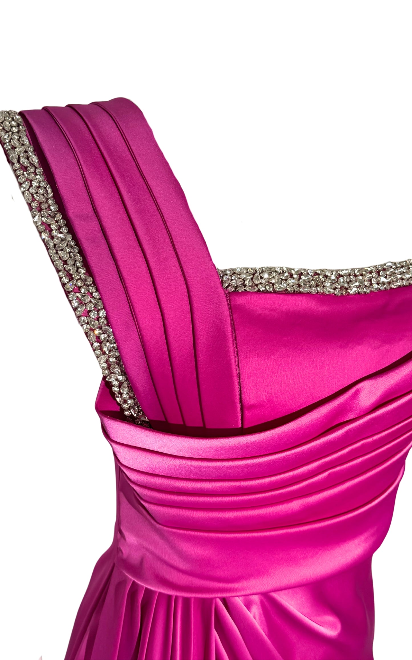 One Shoulder Satin Pleated Crystal Embellished Pink Prom Dresses