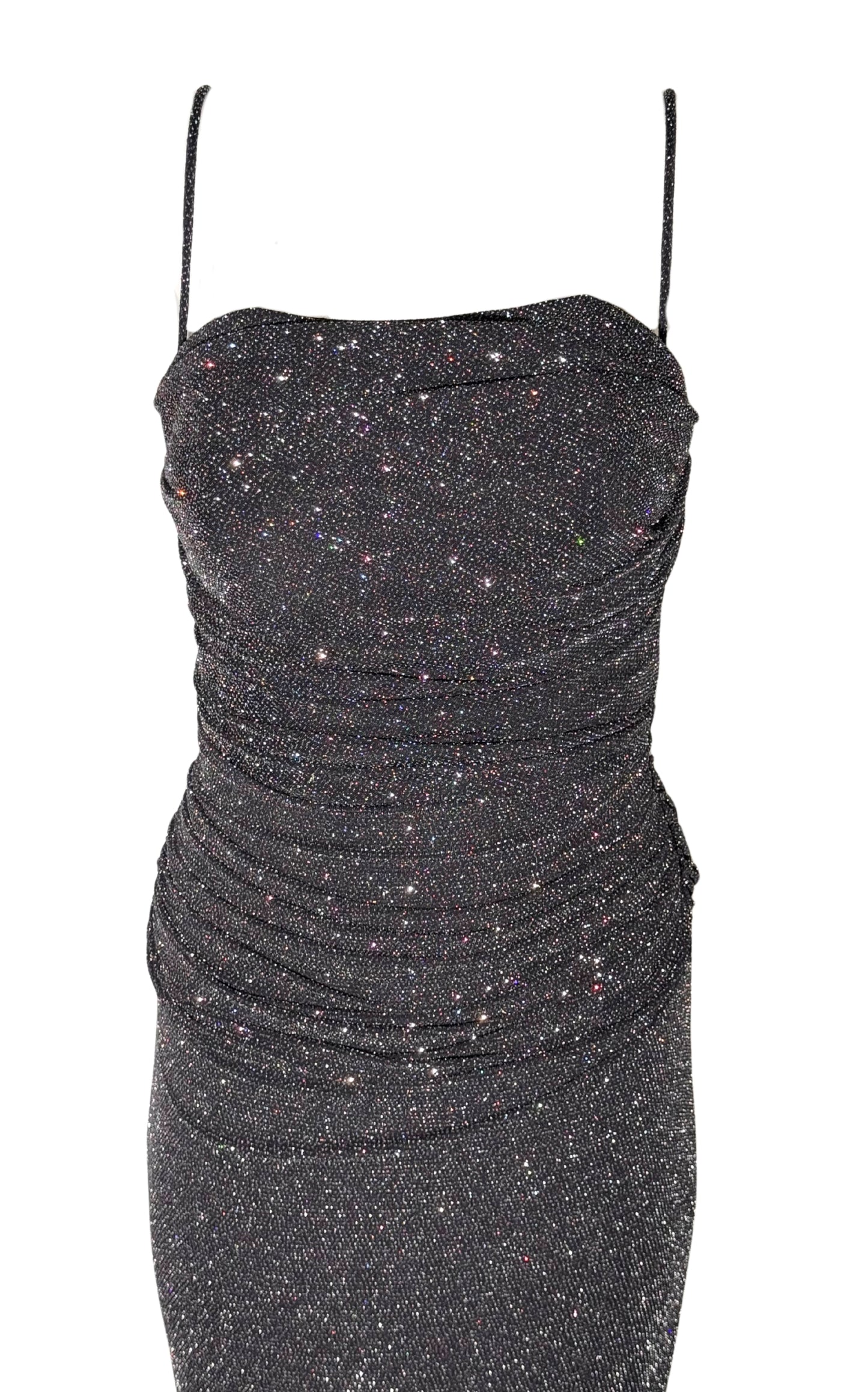 Criss Cross Open Back Black Shimmer Prom Dress