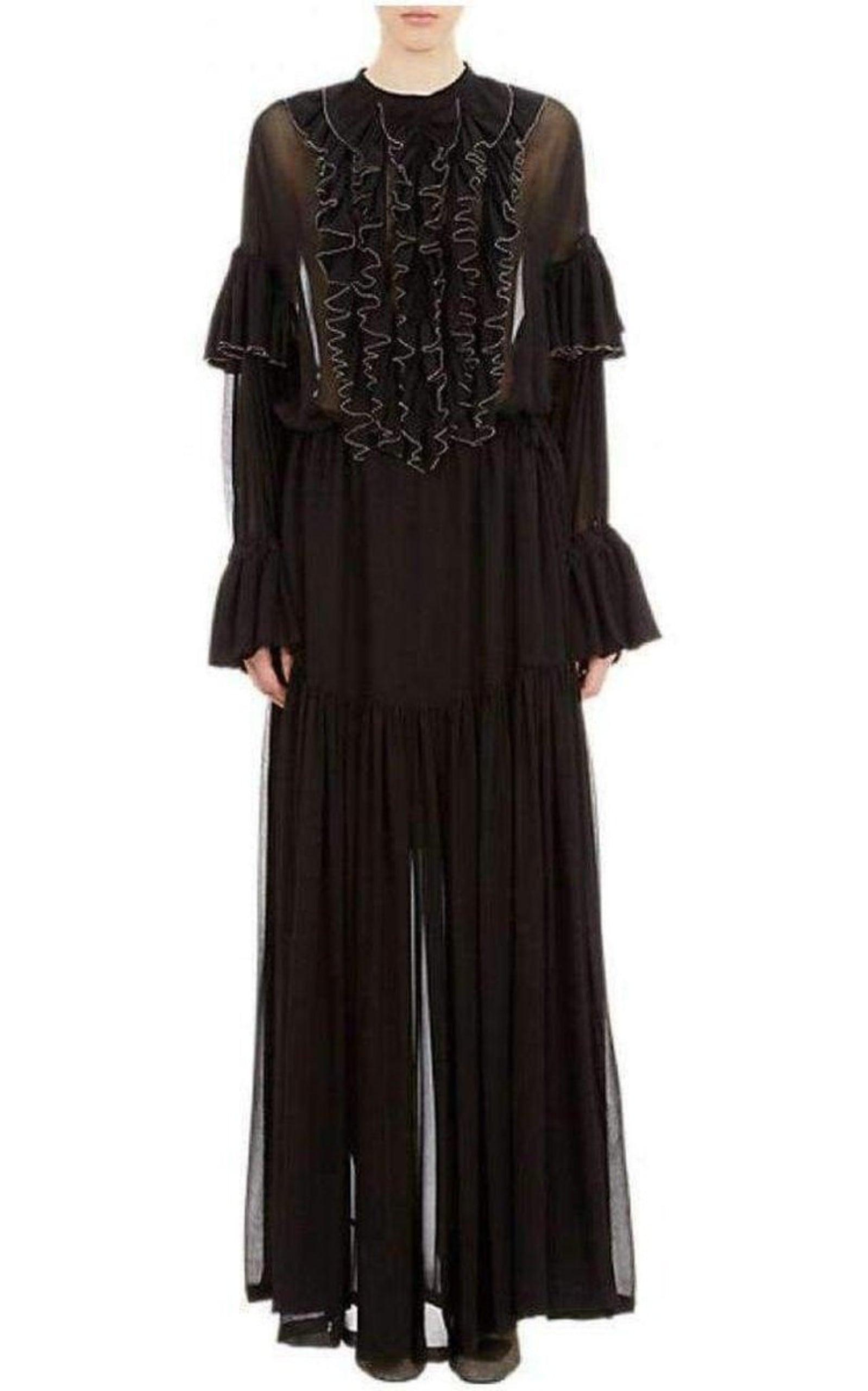 Black Beaded Ruffle Silk Chiffon Dress