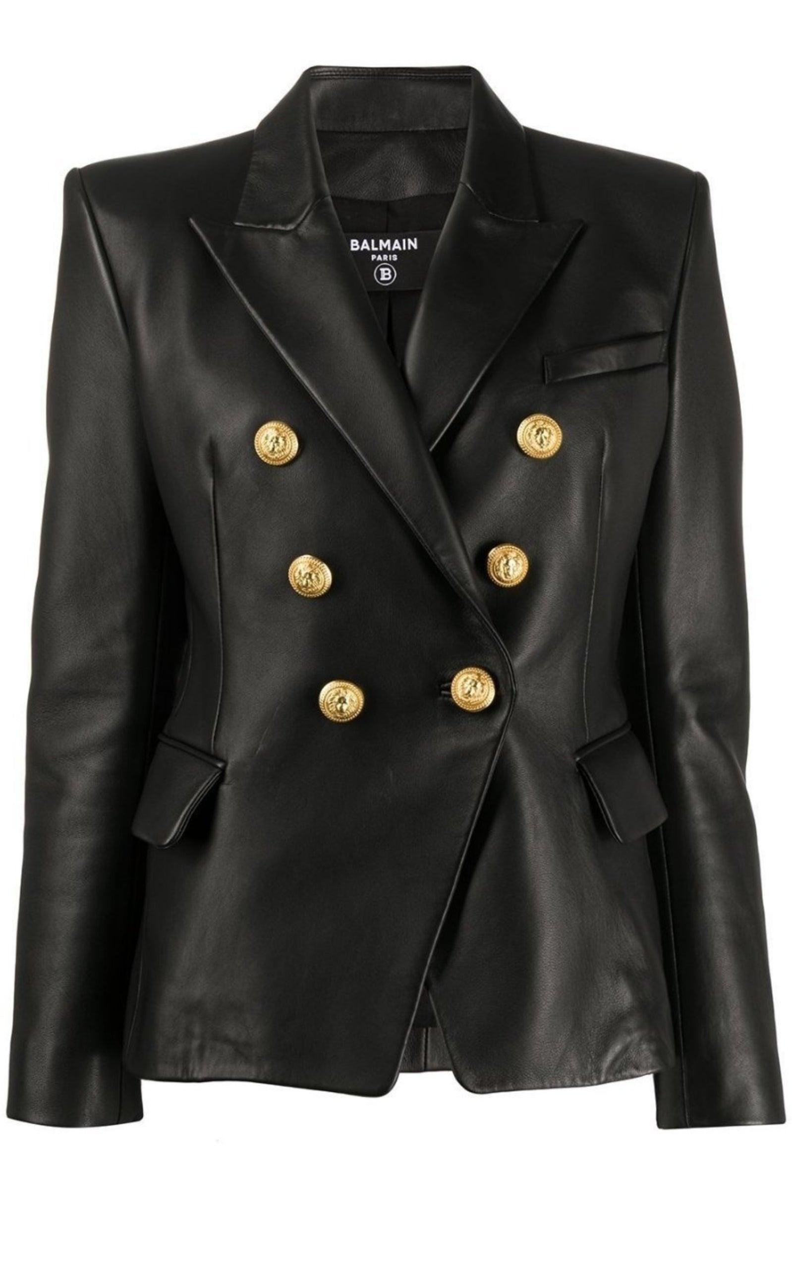 I forhold roterende Pol Balmain Black Leather Double-Breasted Jacket | Runway Catalog
