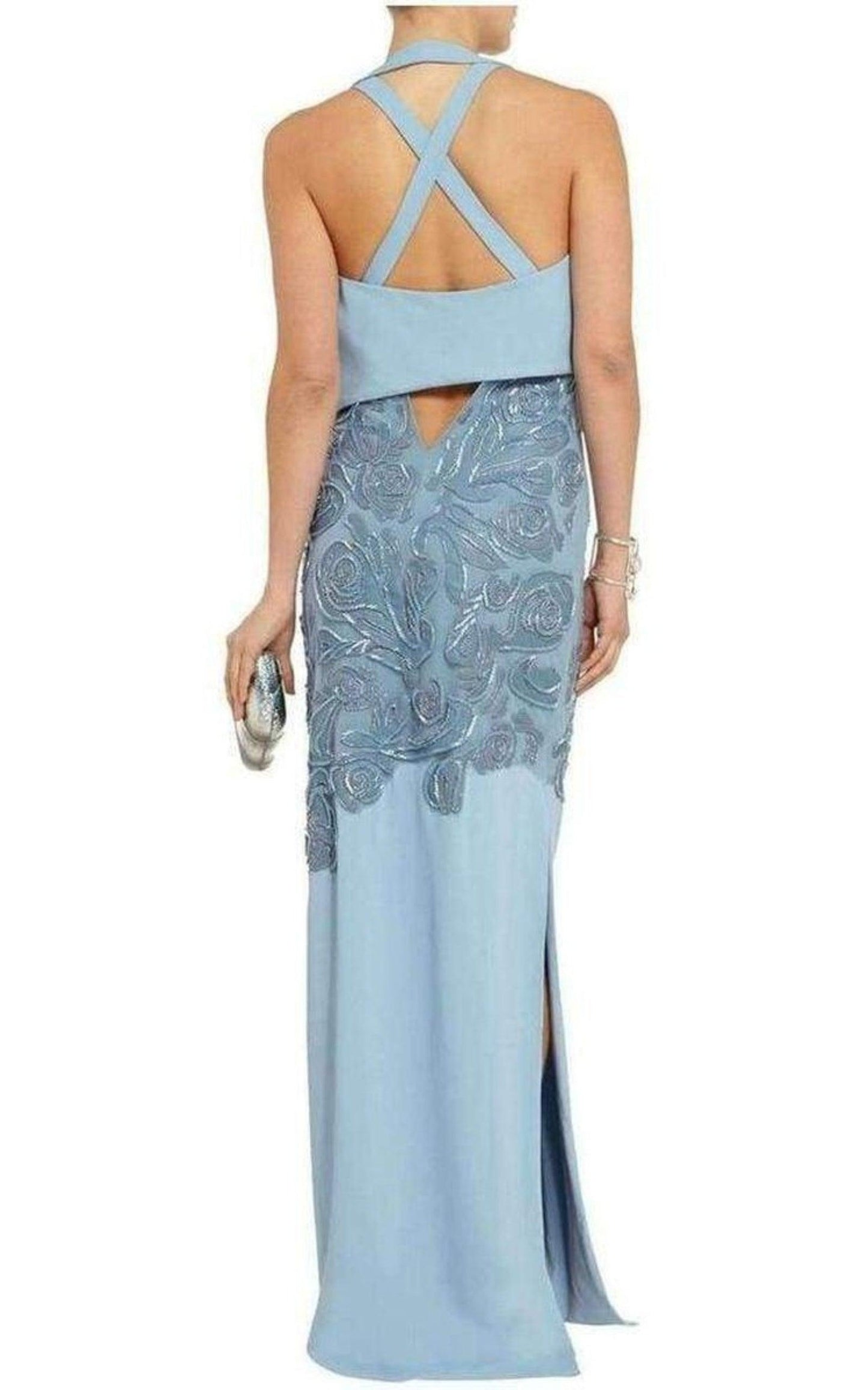  VersaceBlue Leather Cutout Lace Embellished Gown - Runway Catalog