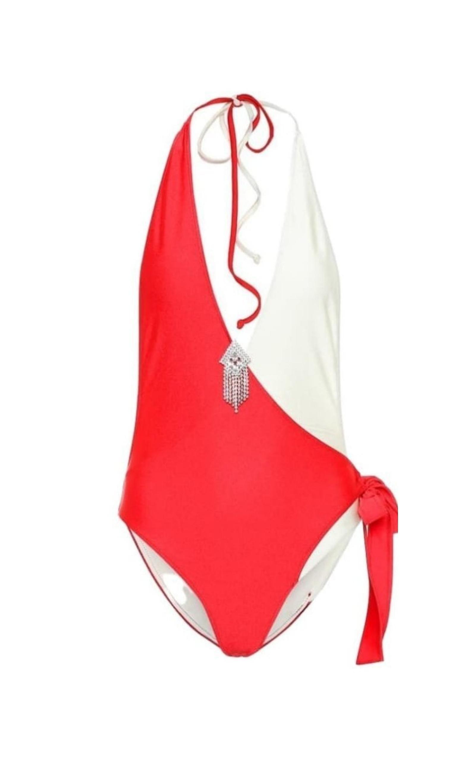 Gucci Embellished Colorblocked White & Red Swimsuit