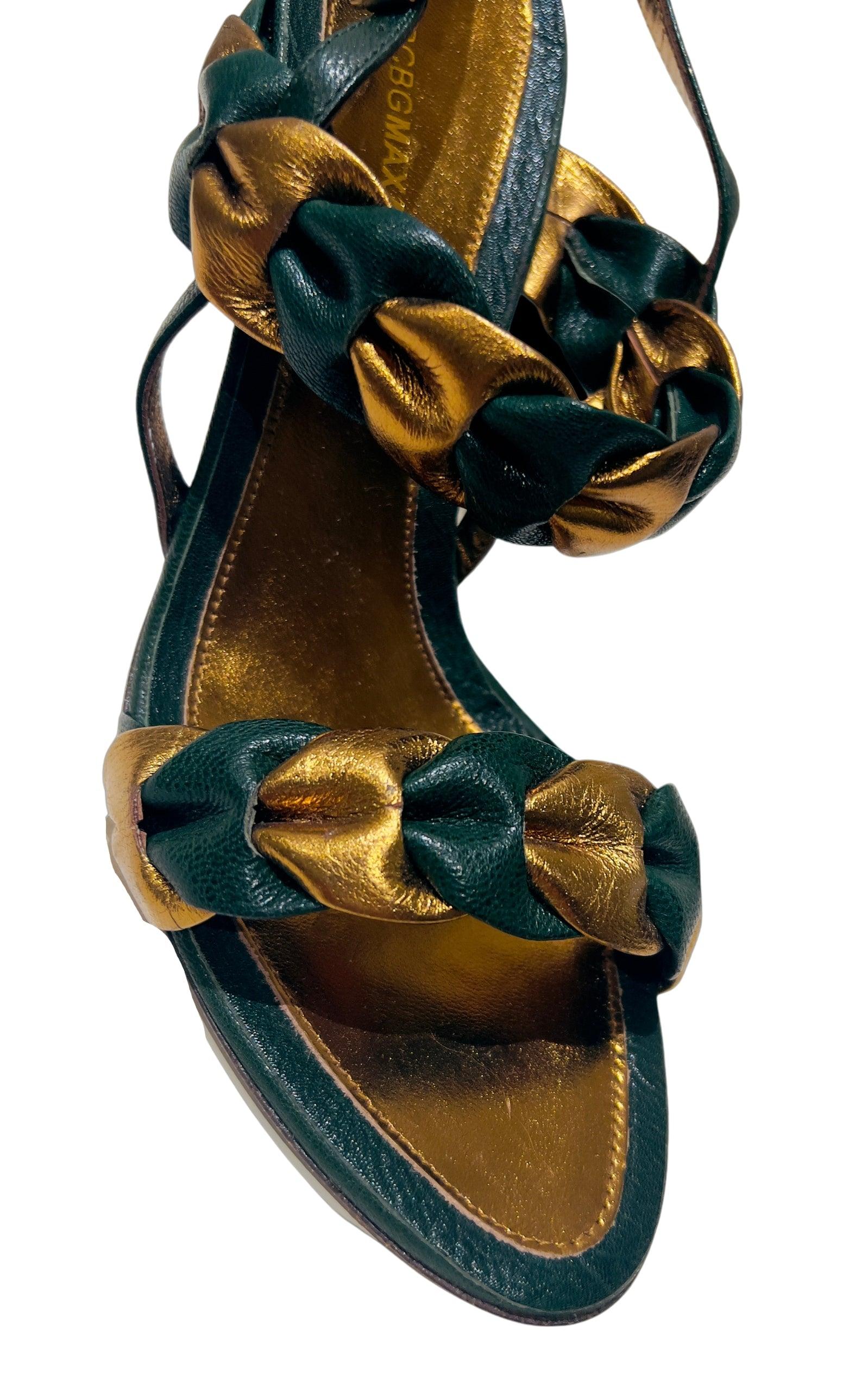  BCBGMAXAZRIAGreen Gold Braided Leather Sandals - Runway Catalog