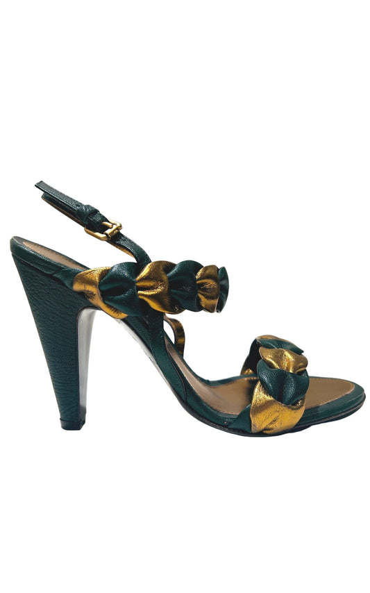  BCBGMAXAZRIAGreen Gold Braided Leather Sandals - Runway Catalog