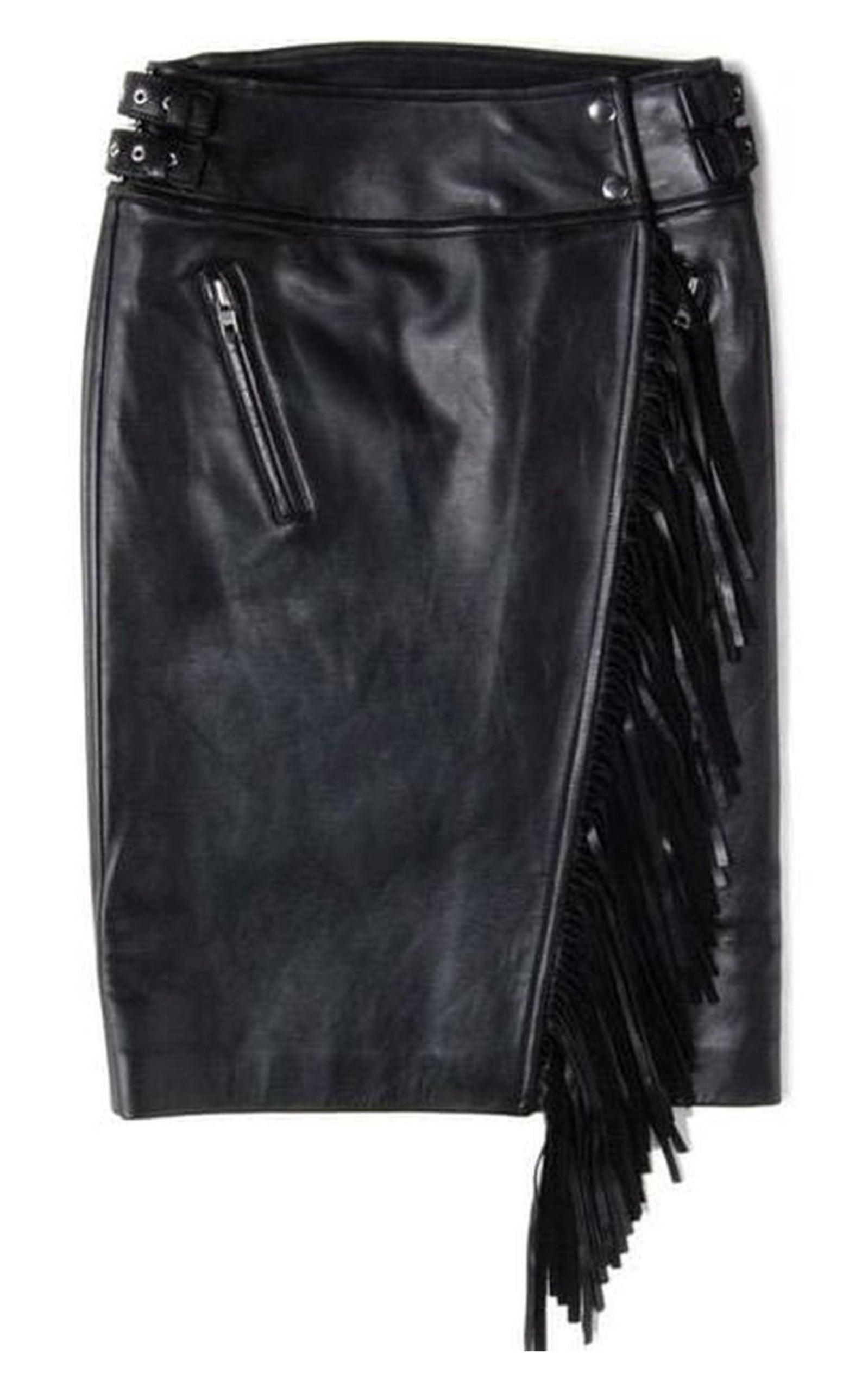 Black Faux Leather Fringe Skirt