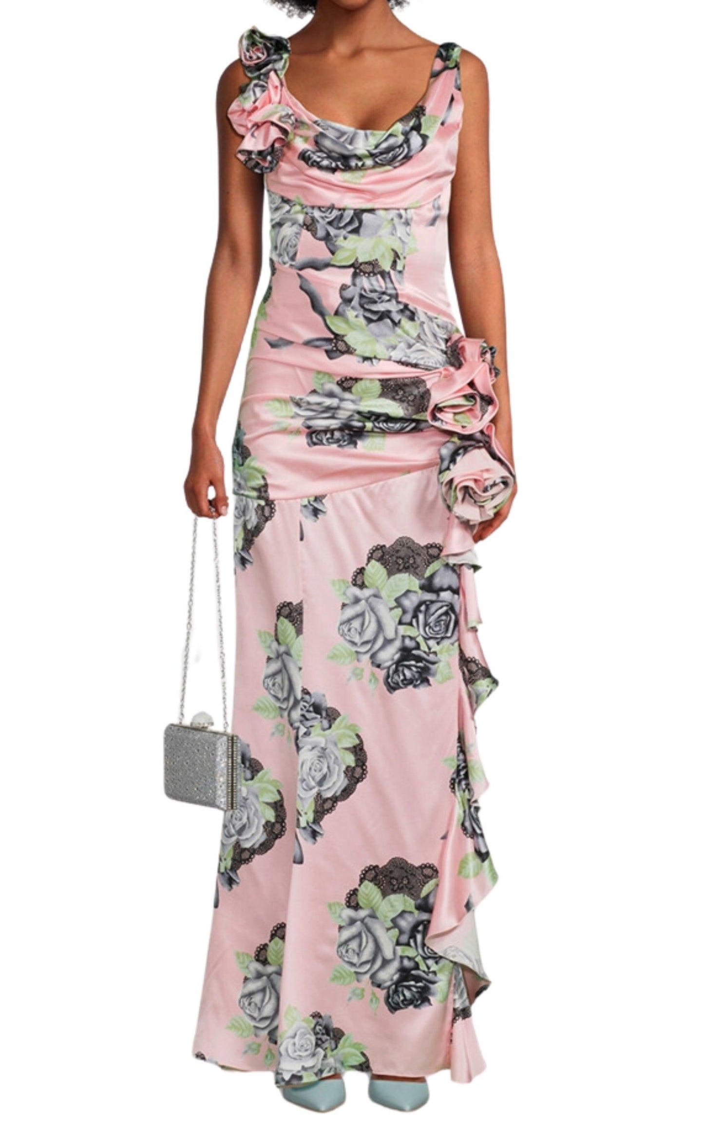 Alessandra Rich Silk Satin Evening Dress In Rose Print - Runway Catalog
