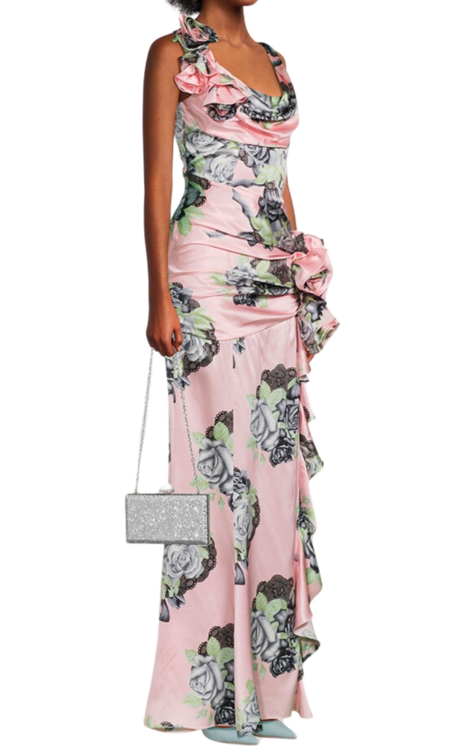Alessandra Rich Silk Satin Evening Dress In Rose Print - Runway Catalog