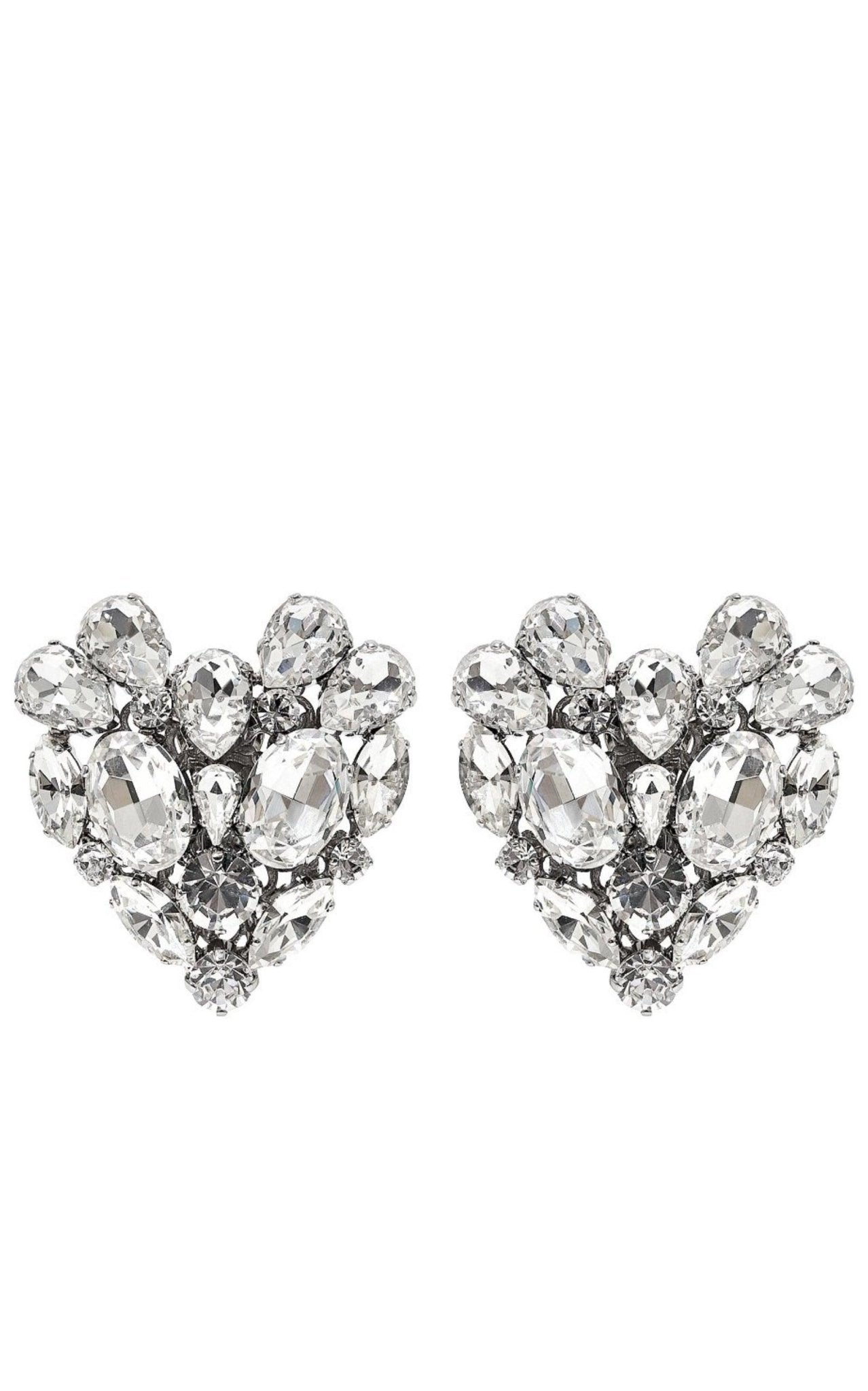 Alessandra Rich Silvertone Crystal Heart Stud Clip - On Earrings - Runway Catalog