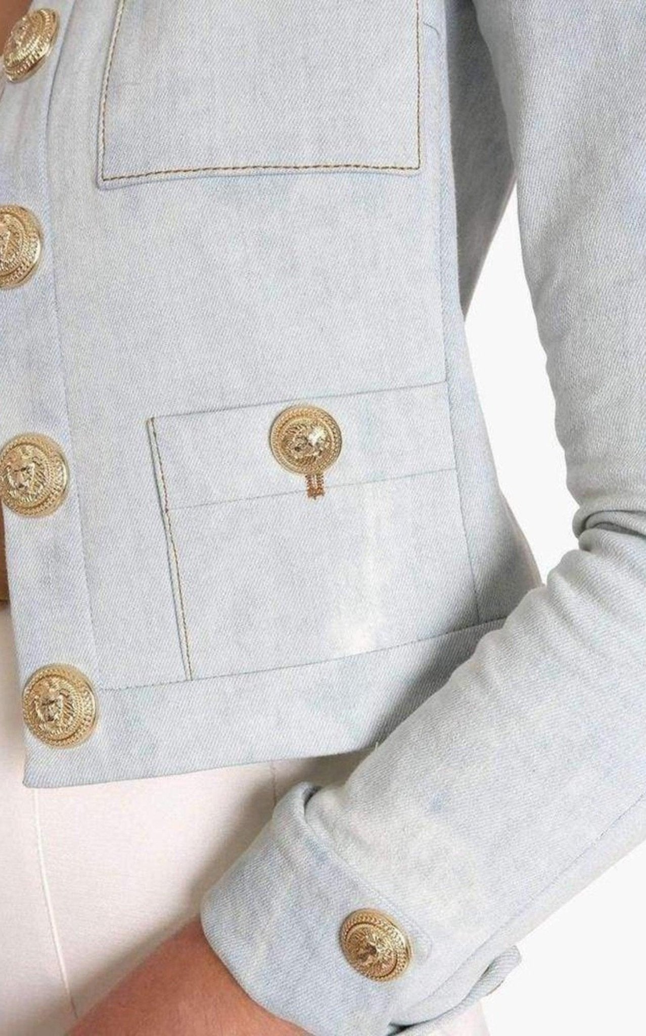 Balmain Cropped Stretch Cotton Denim Blazer - Runway Catalog