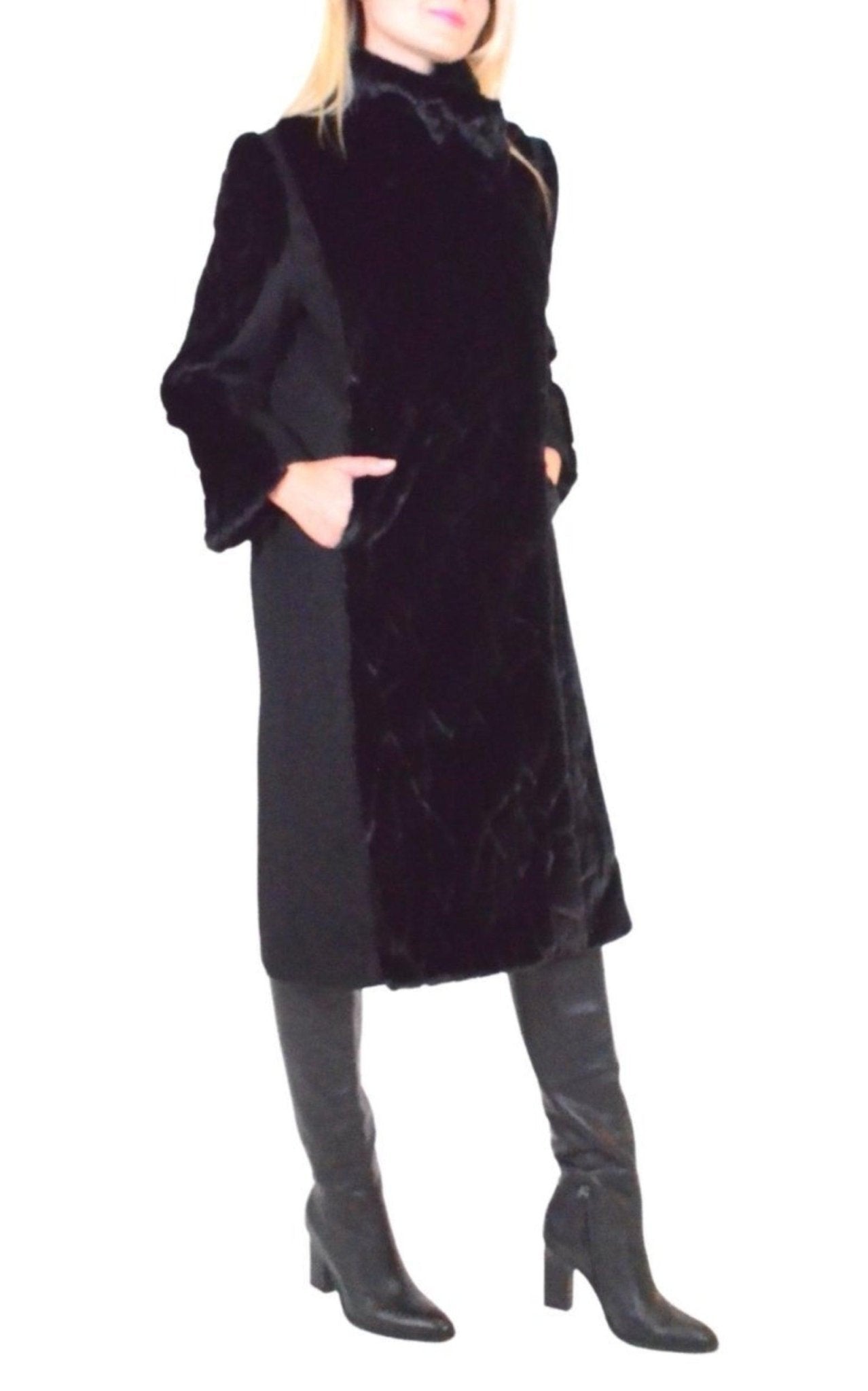 Cult Moda Black Faux Fur Details Long Trench Coat - Runway Catalog