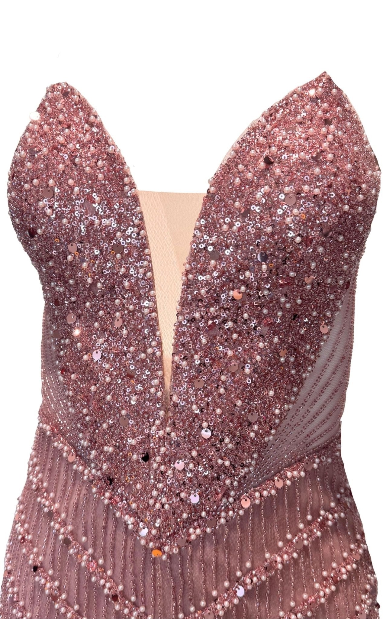 Cult Moda Formal Pink Dress V Plunge Neckline Strapless Beaded Fitted Dress - Runway Catalog