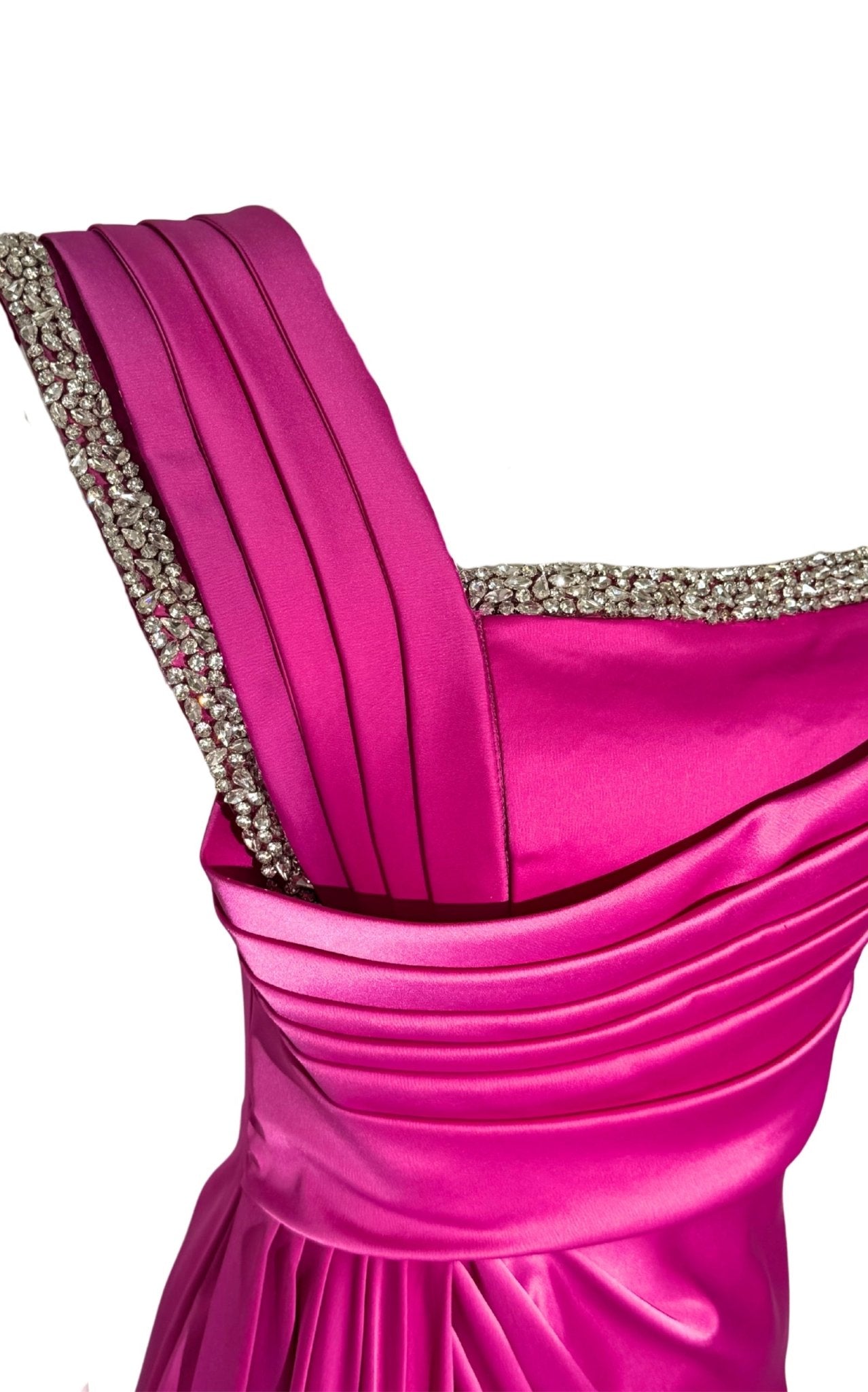 Cult Moda One Shoulder Satin Pleated Crystal Embellished Pink Prom Dresses - Runway Catalog