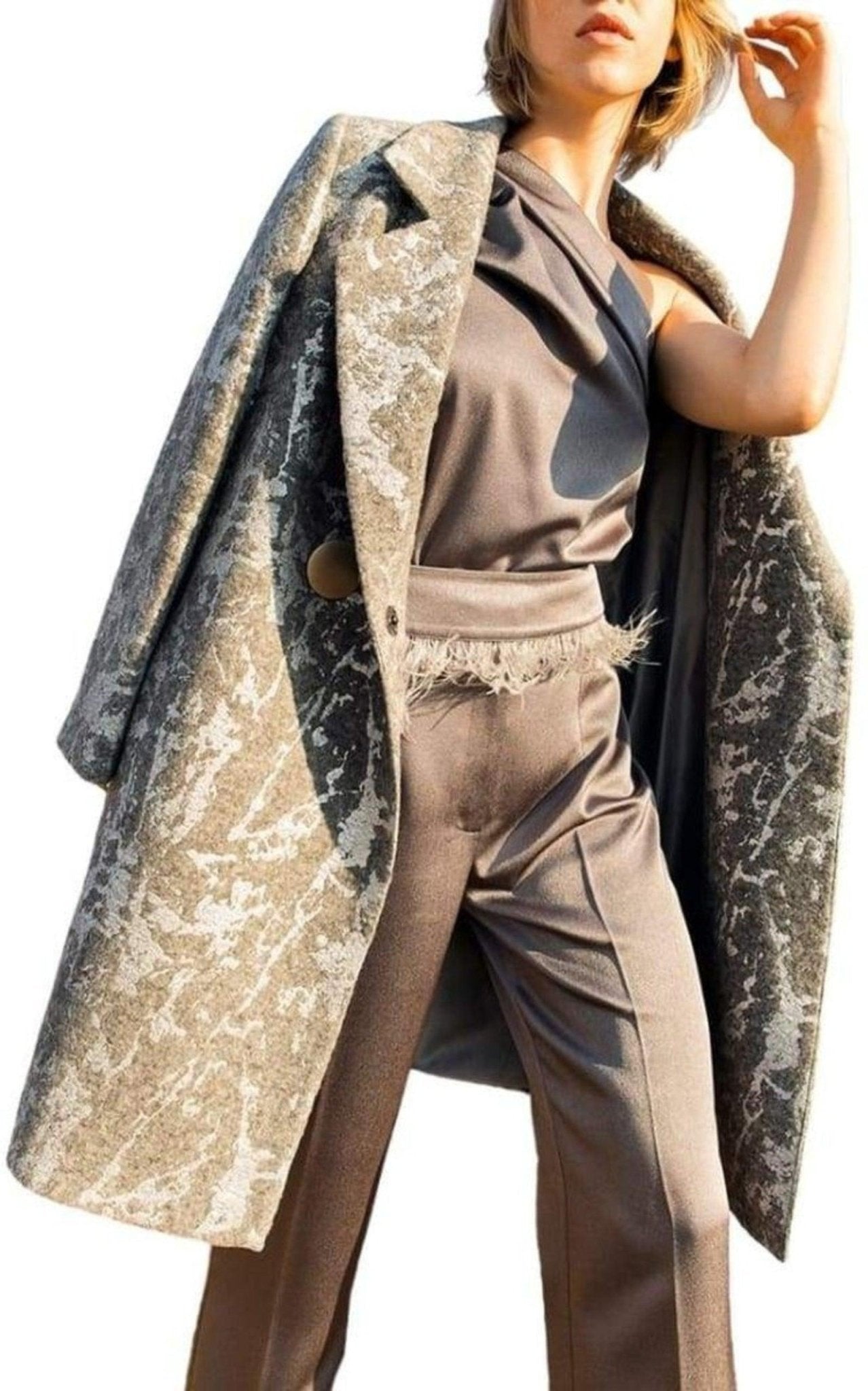 Cult Moda Silver Print Wool Blend Trench Coat - Runway Catalog