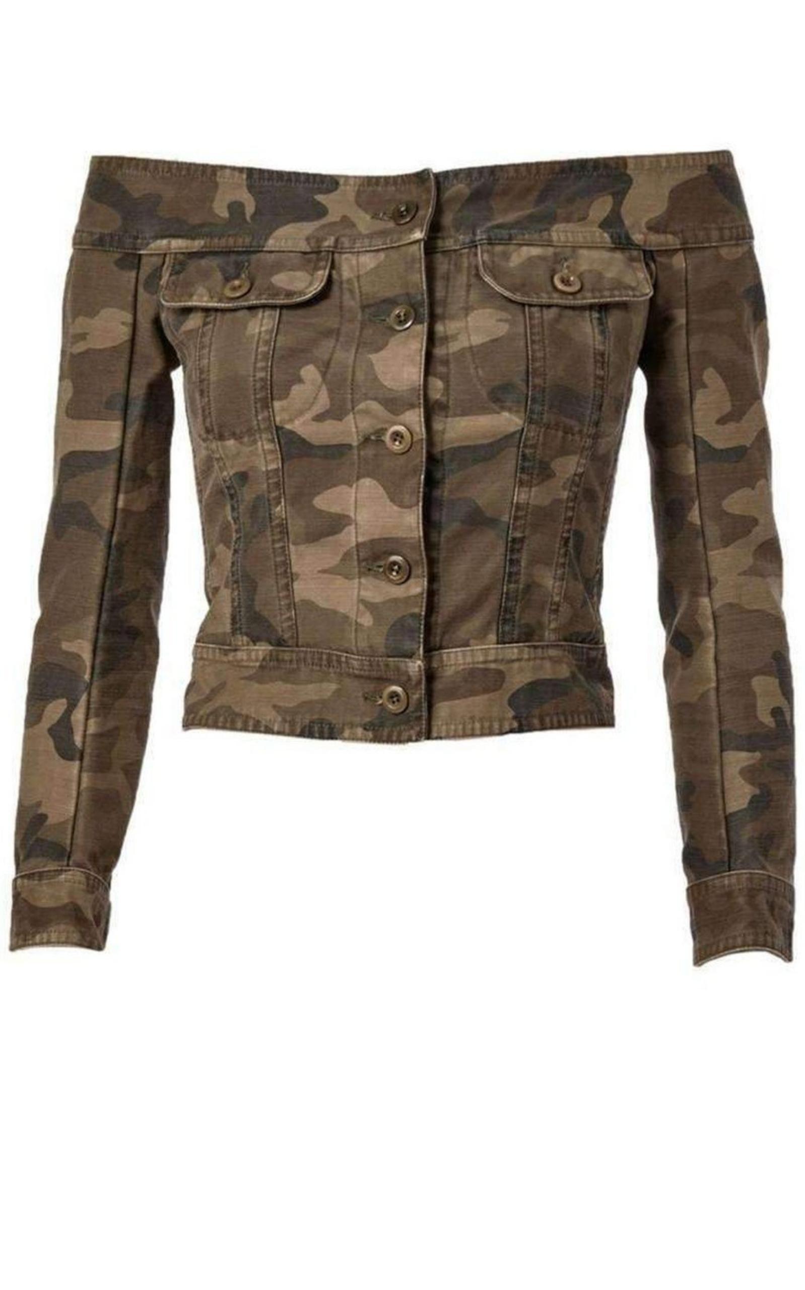 Faith Connexion Off the Shoulder Camouflage Cotton Jacket Runway