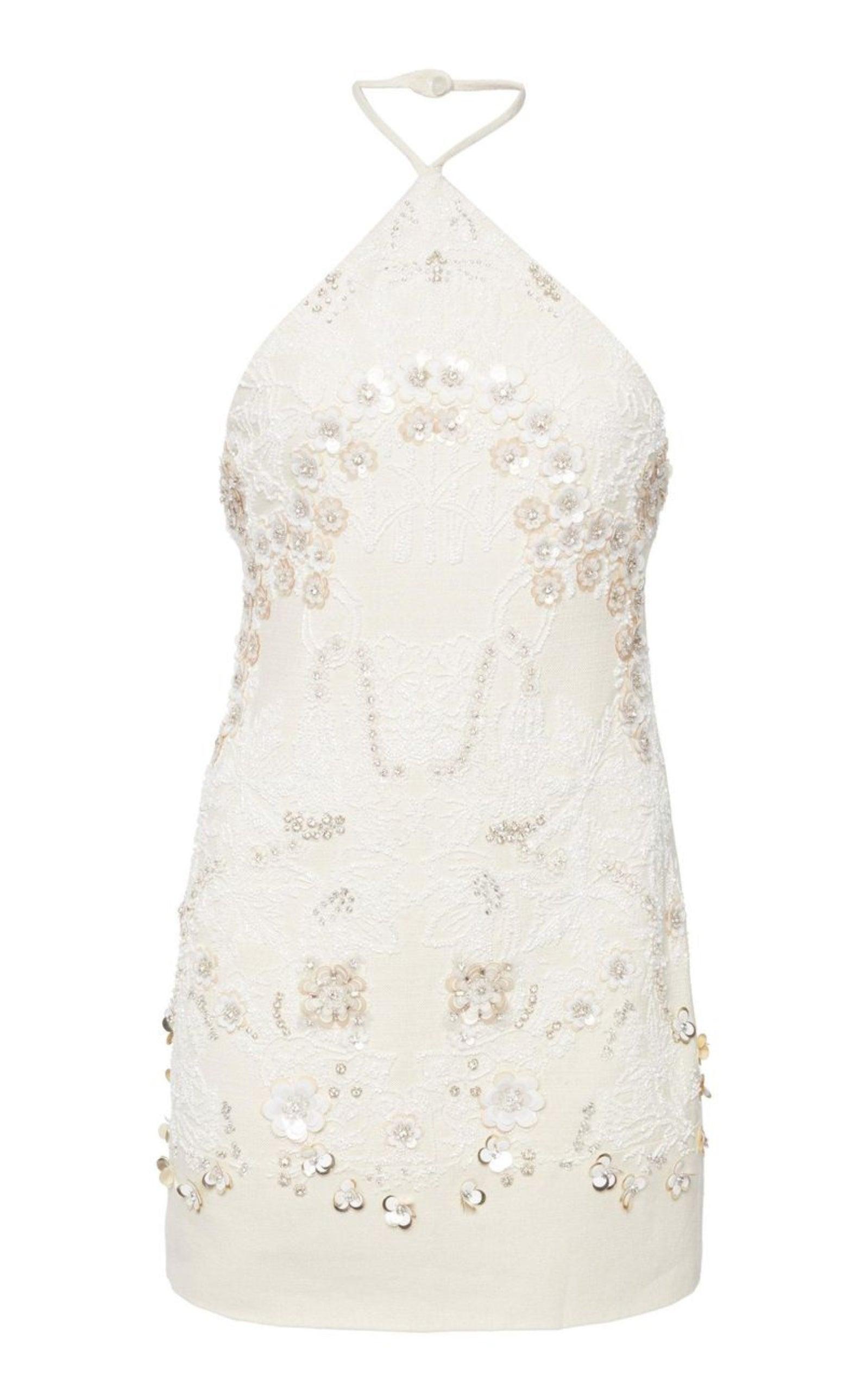 Valentino Floral Sequin Beaded Halter Mini Dress