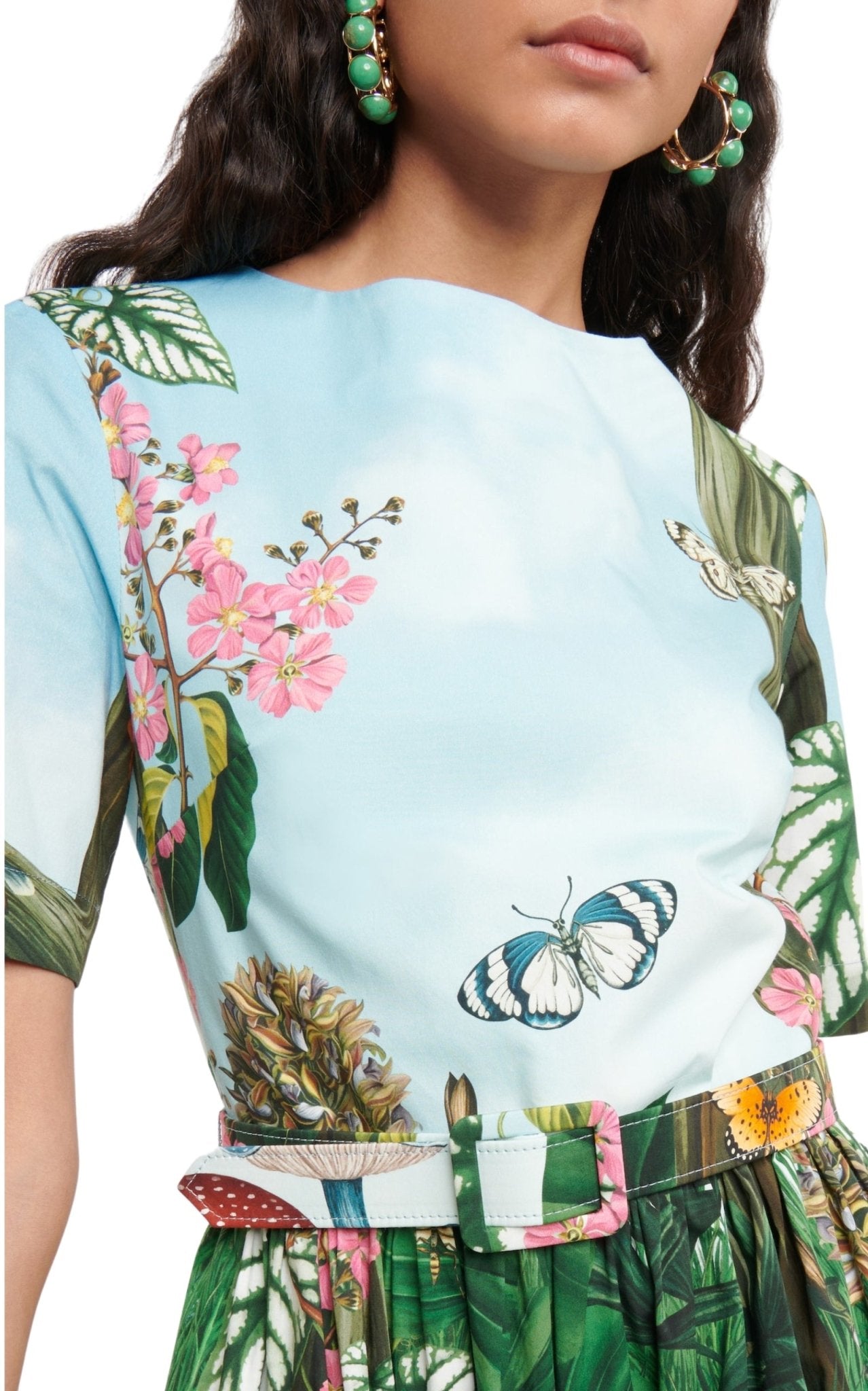 Oscar de la Renta Botanical Forest Print Stretch Poplin Midi Dress - Runway Catalog