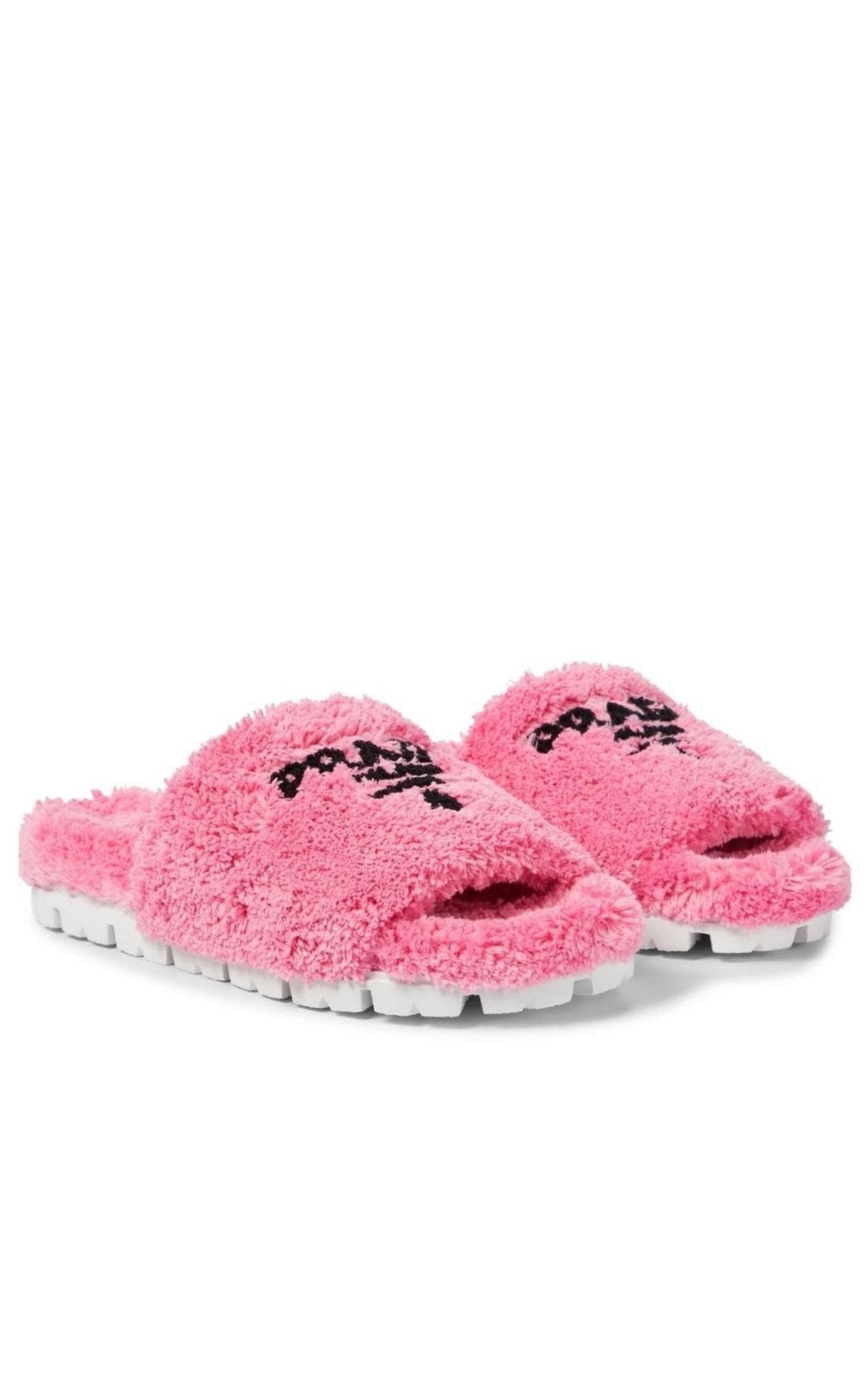 Prada Logo - embroidered Faux Shearling Slides - Runway Catalog