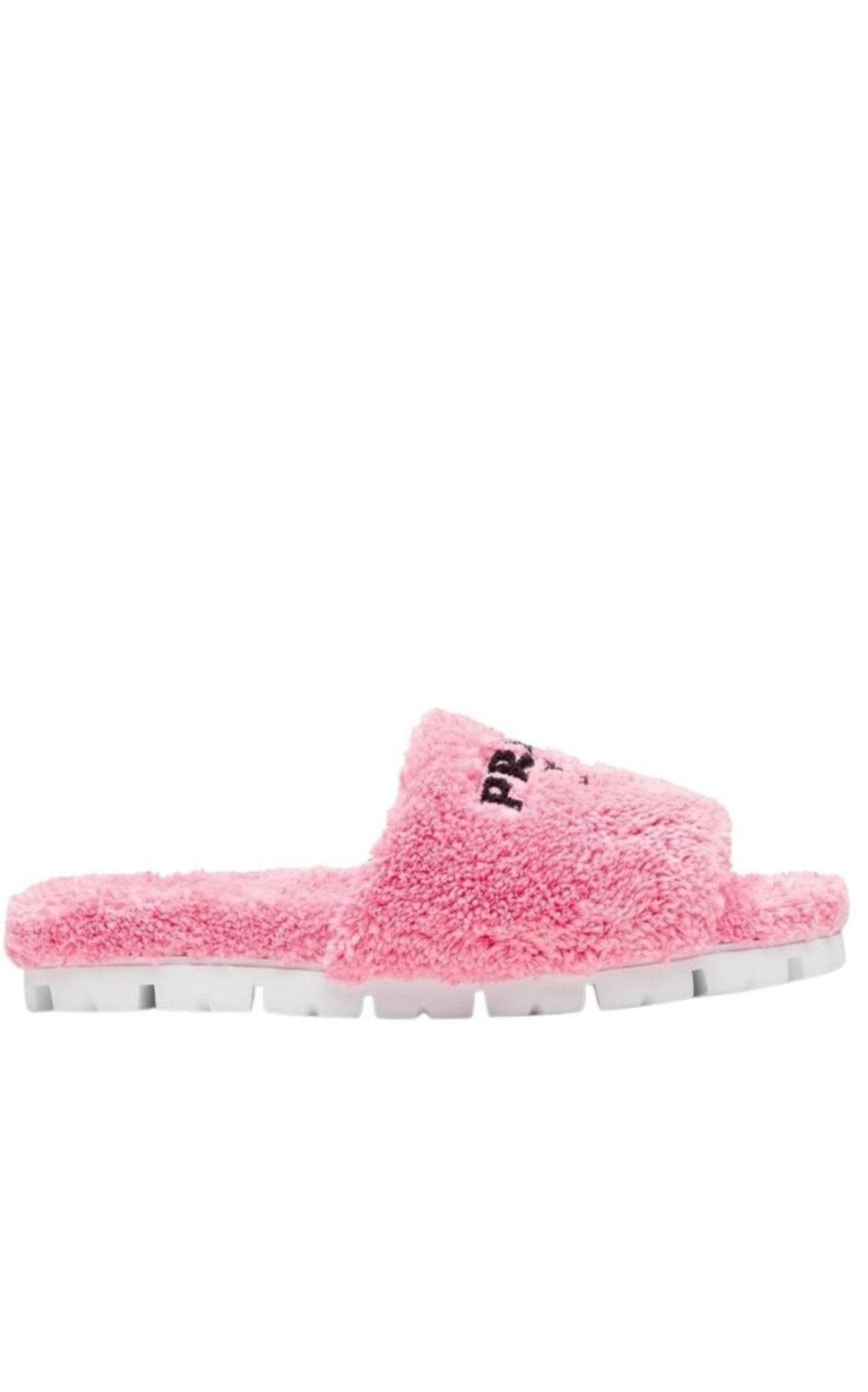Prada Logo - embroidered Faux Shearling Slides - Runway Catalog