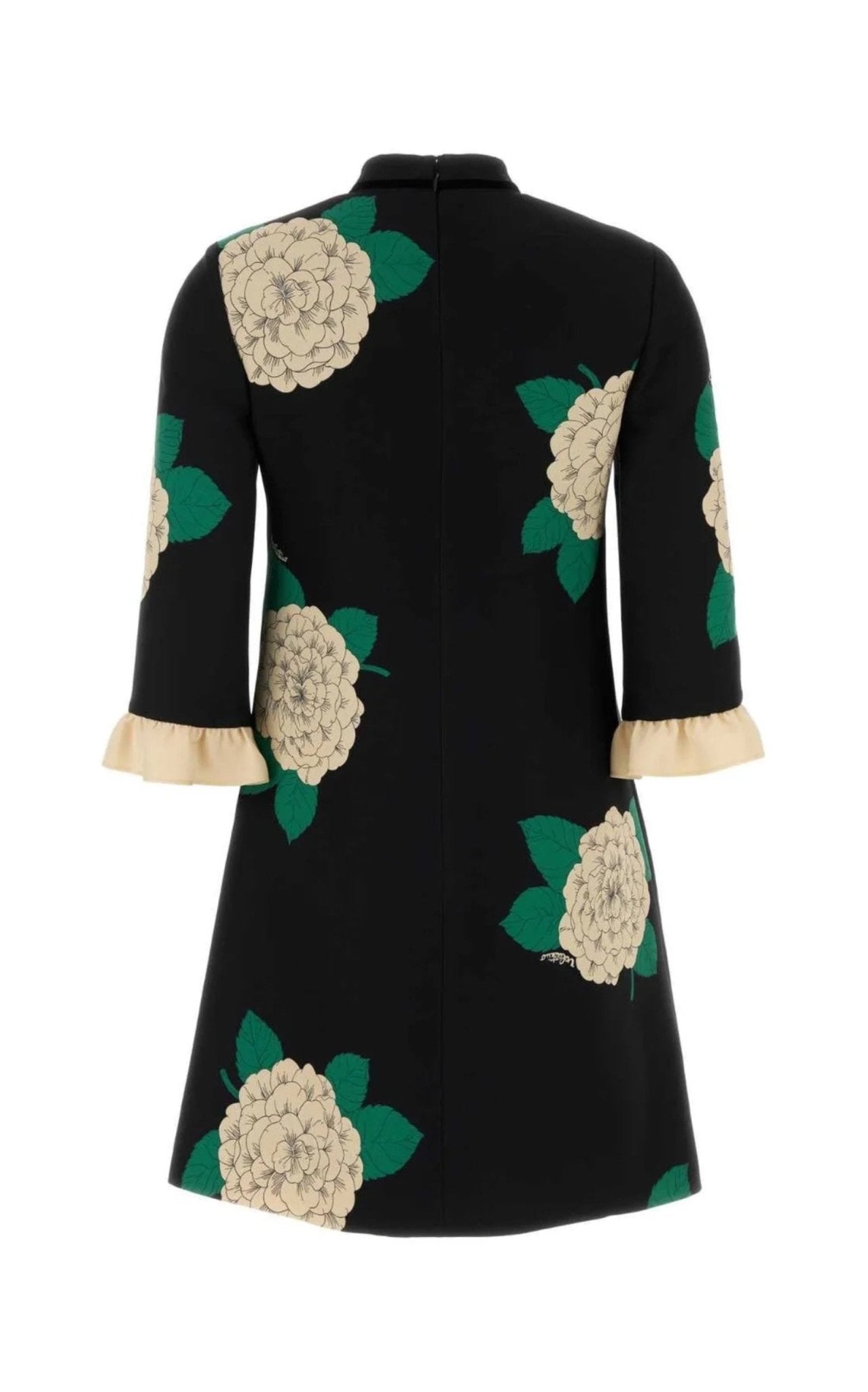 Valentino Crepe Couture floral minidress with high neckline, bow detail, three-quarter sleeves, and ruffled cuffs, front view
