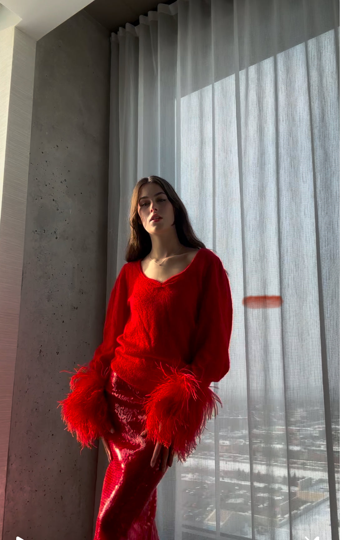 Red Feather Cuff Mohair Sweater