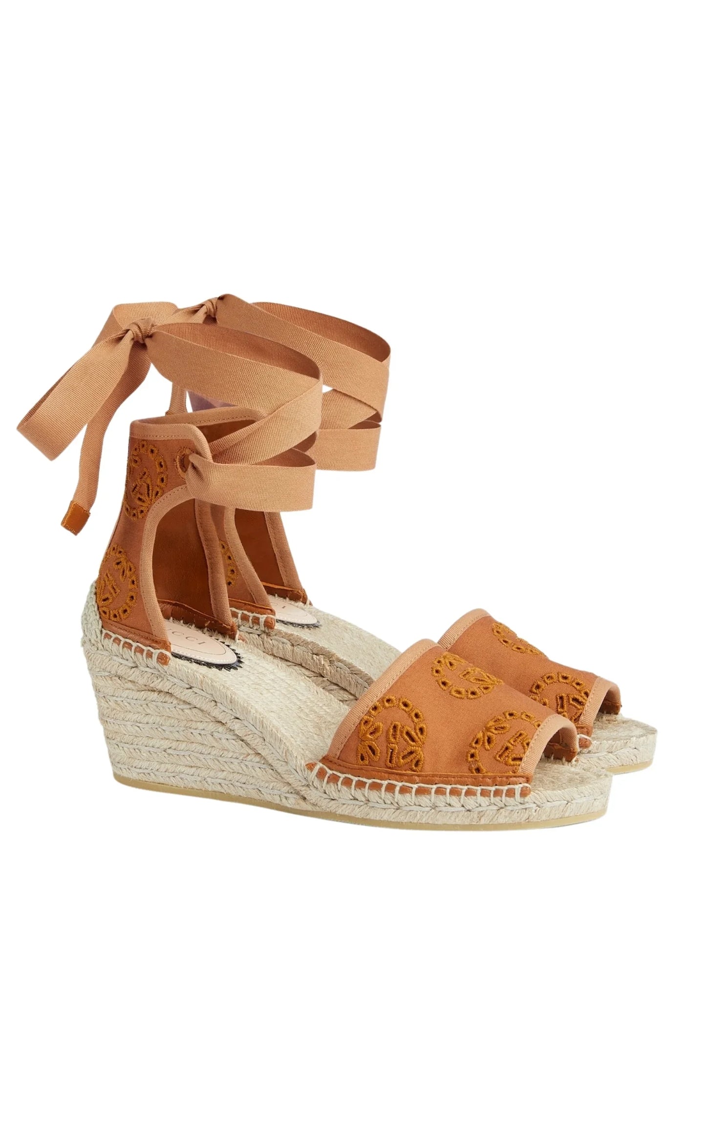 Gucci Interlocking G Platform Espadrilles in Brown Canvas Ribbon Tie