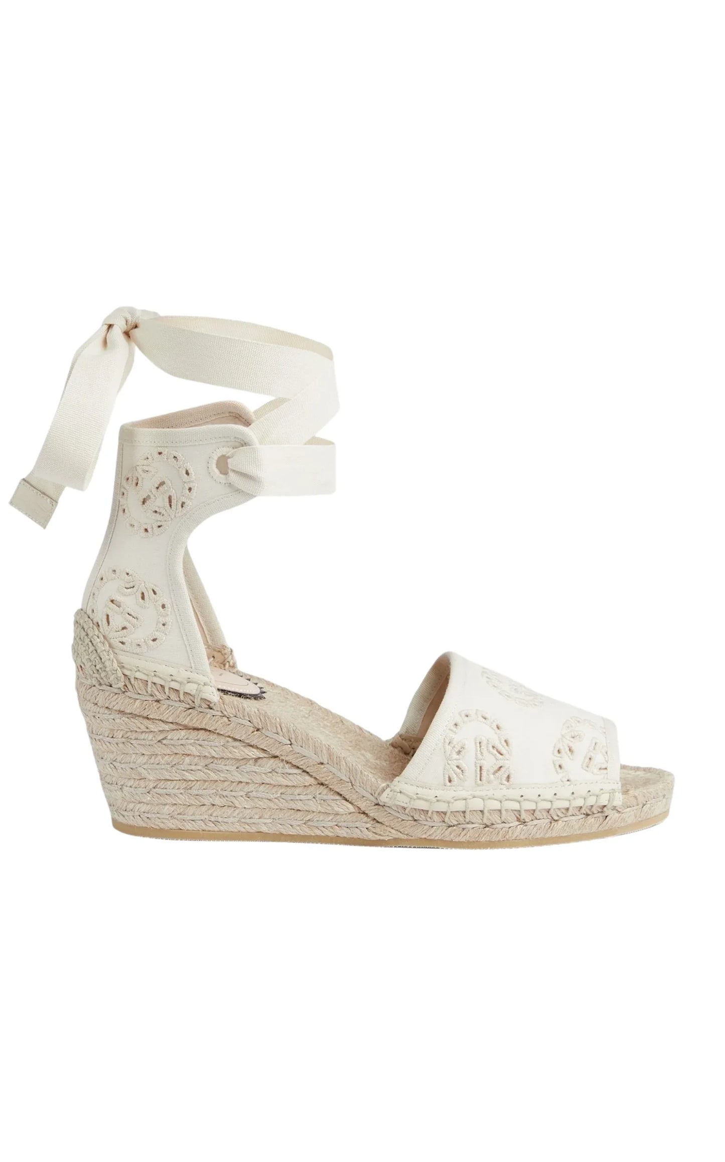 Gucci Interlocking G Platform Espadrilles in Ivory Canvas Ribbon Tie