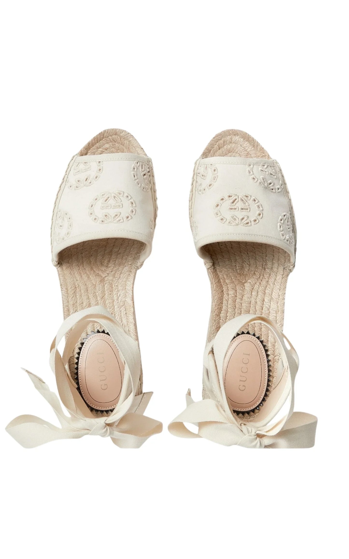Gucci Interlocking G Platform Espadrilles in Ivory Canvas Ribbon Tie