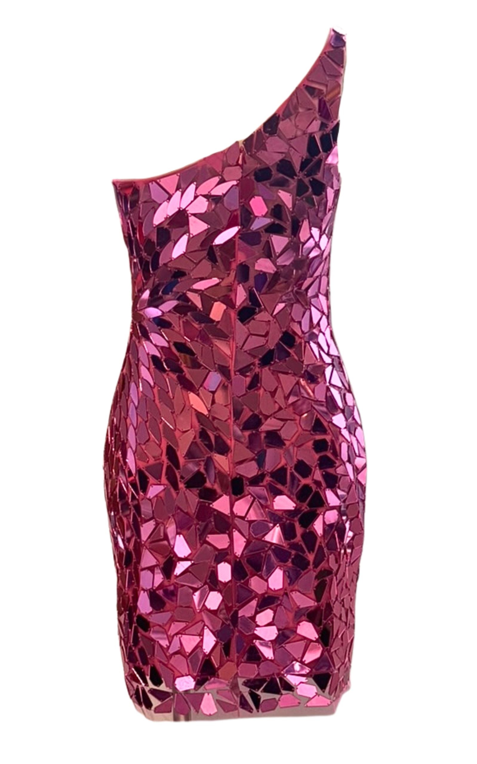 Pink mirror beaded mini cocktail dress with one-shoulder neckline