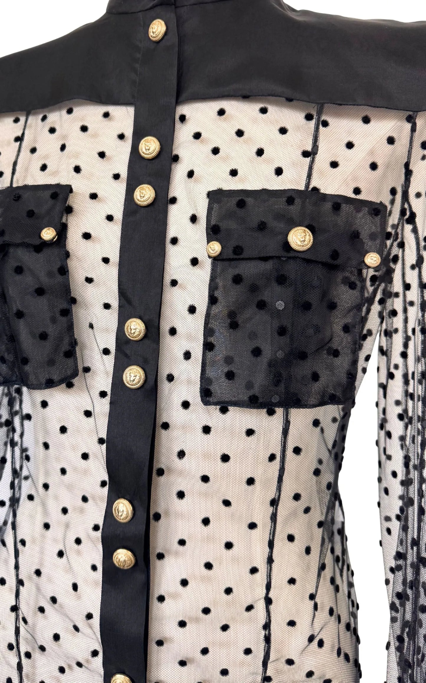 Long Sleeve Black Polka Dot Silk Shirt with Gold Buttons