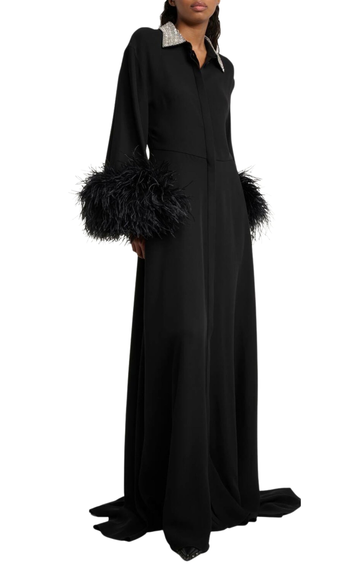 Feather-trimmed Silk Gown Dress