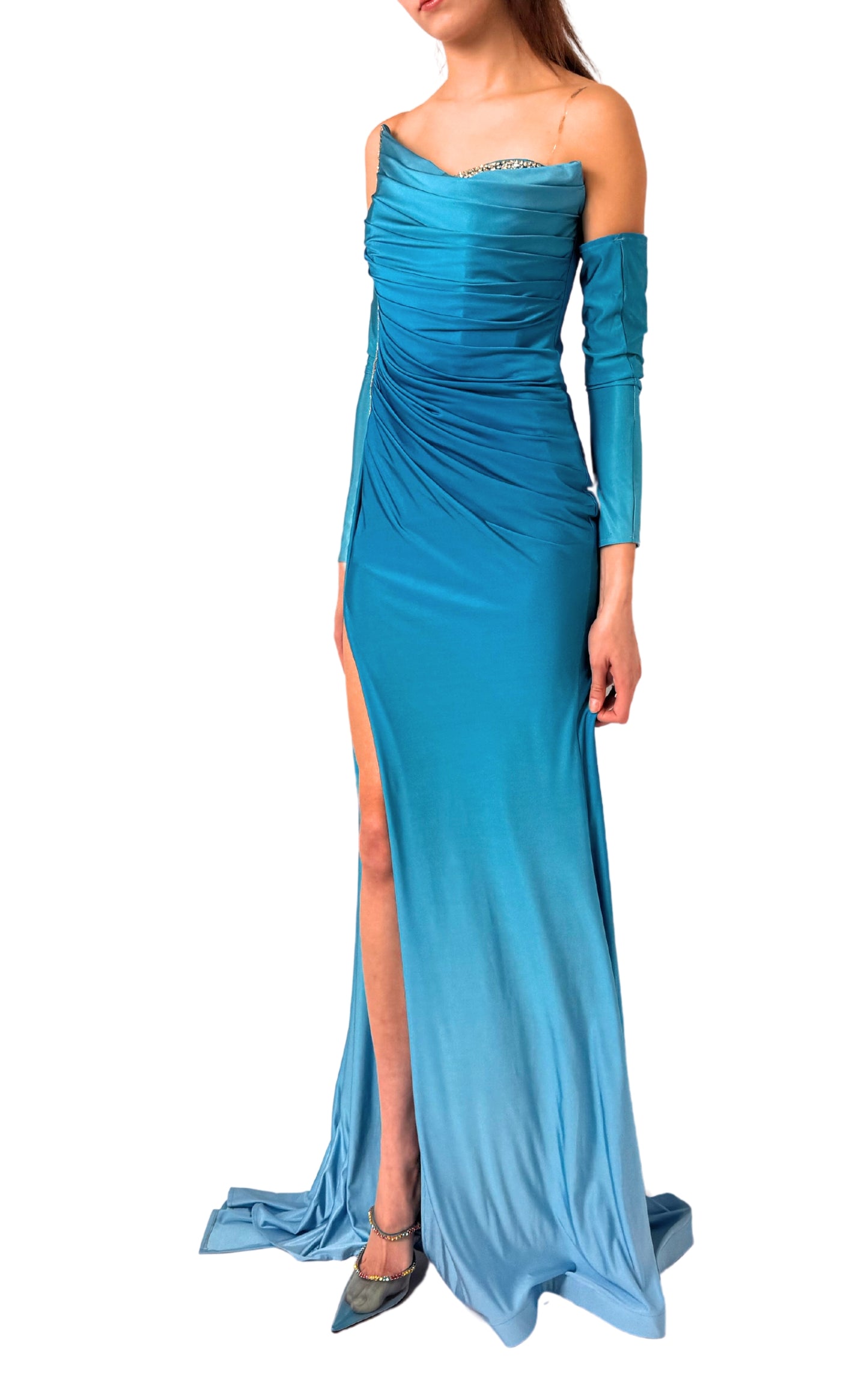 Rhinestone Embellished Blue Ombre Gown