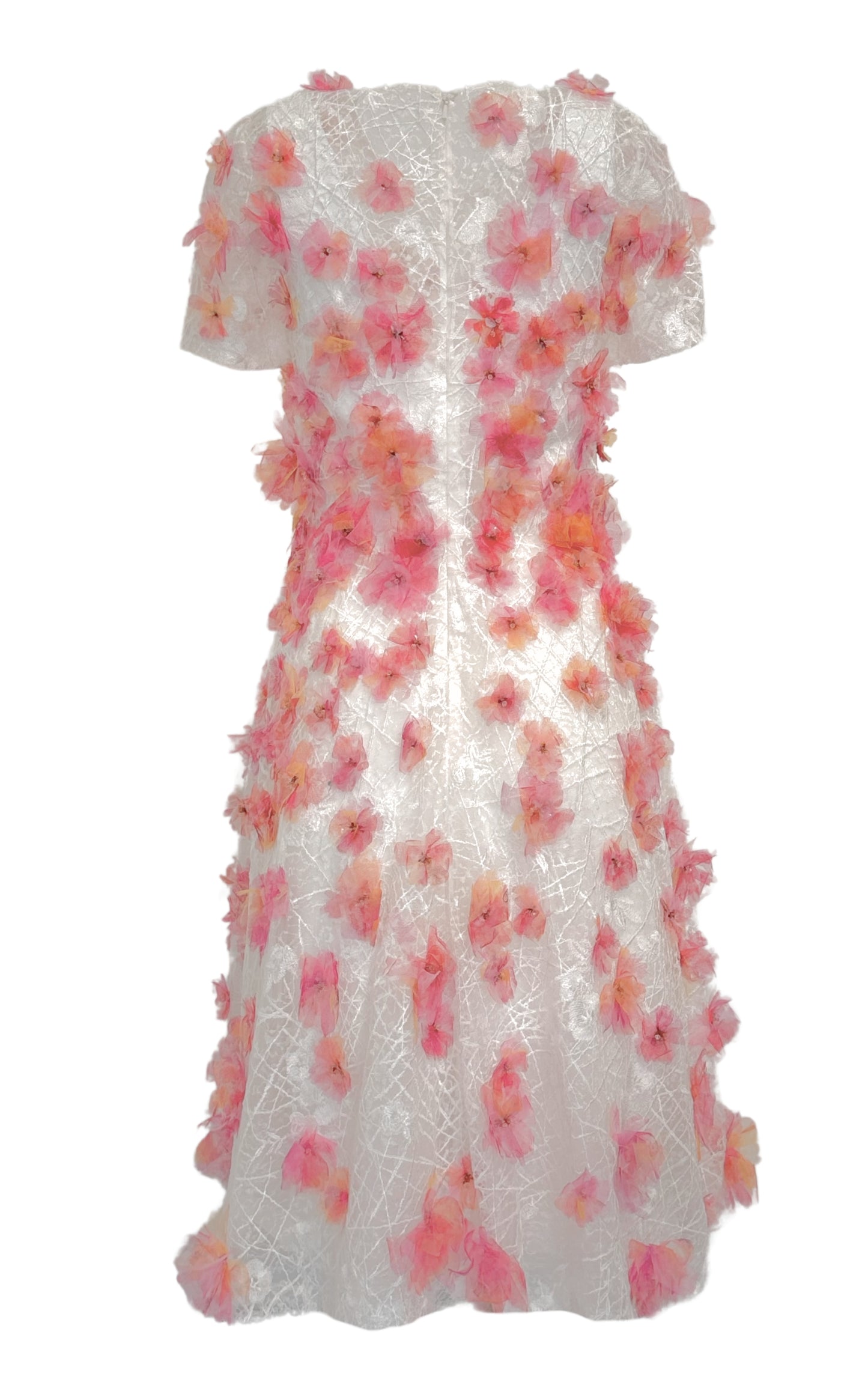 粉色花卉贴花蕾丝中长连衣裙
