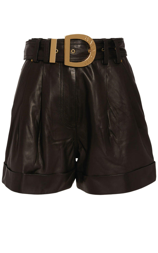 Leather High-Waist Belted Shorts-Shorts-Balmain-FR 38-Black-Wool-Runway Catalog