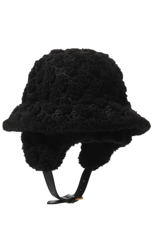 Black Curly Gg Eco Fur Hat With Ear Flaps