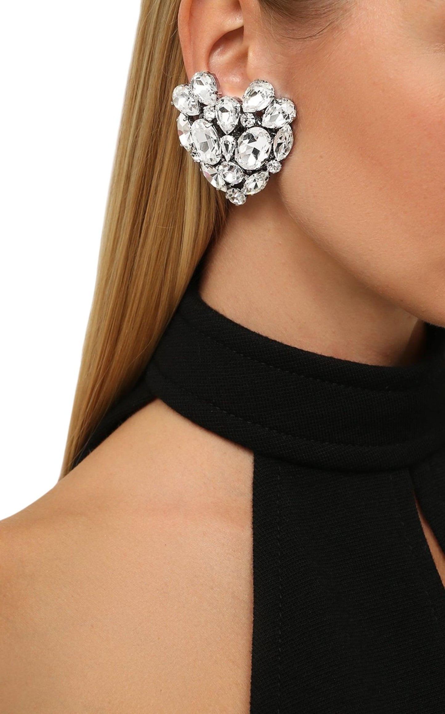 Silvertone Crystal Heart Stud Clip-On Earrings