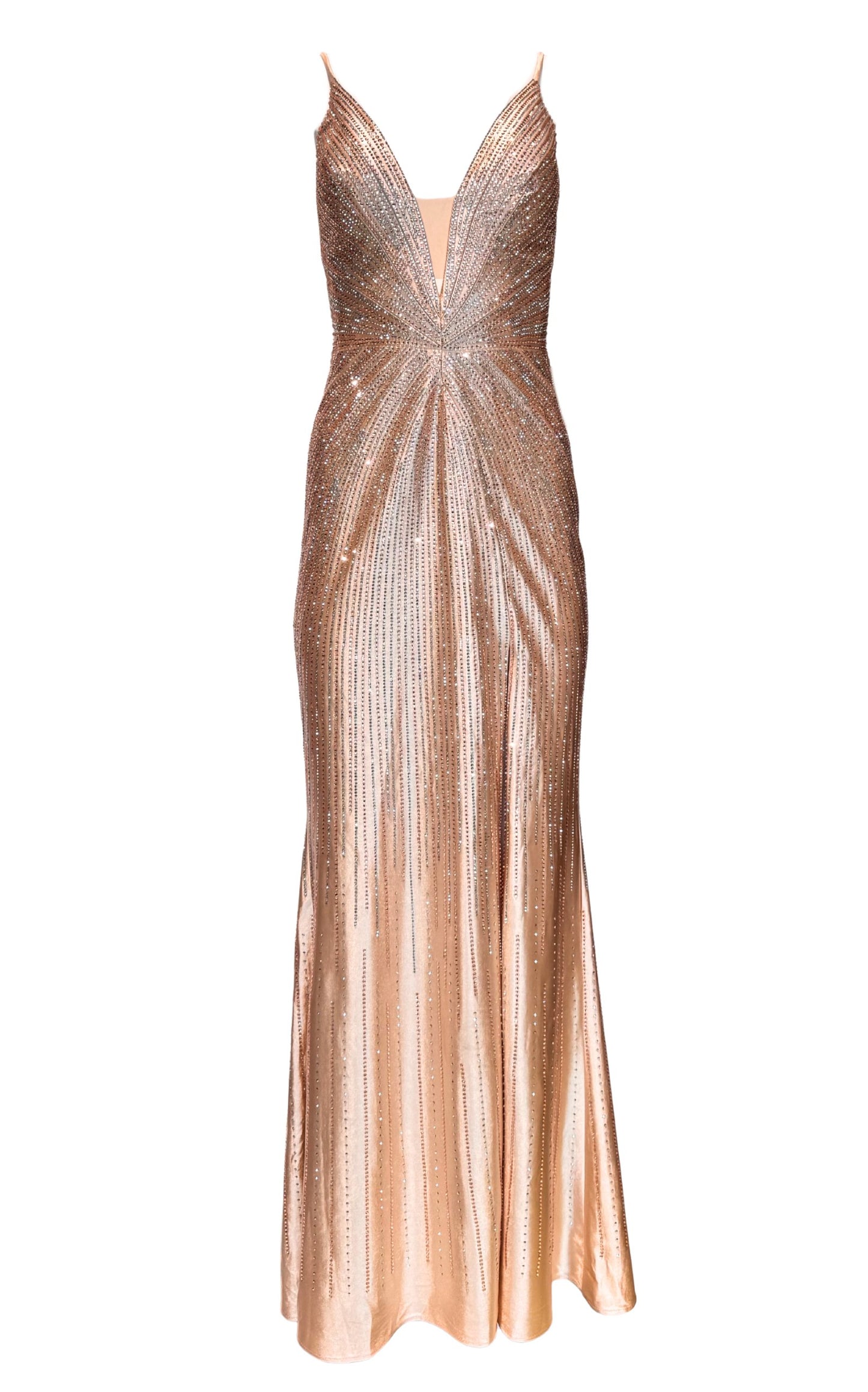 Gold Formal Dress with Rhinestone V Plunge Neckline Fitted Mermaid Leg Split