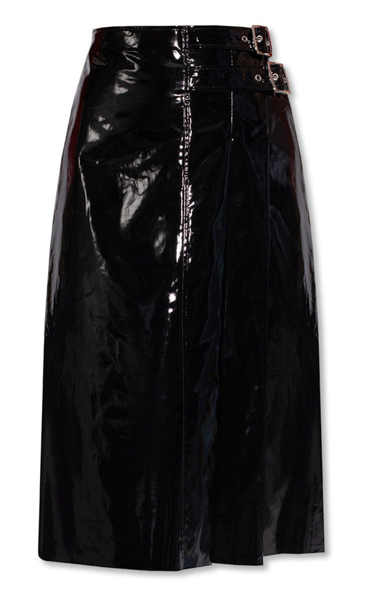 High Waisted Black Vinyl Midi Skirt