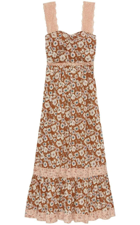 Floral-print Lace-trimmed Twill Dress
