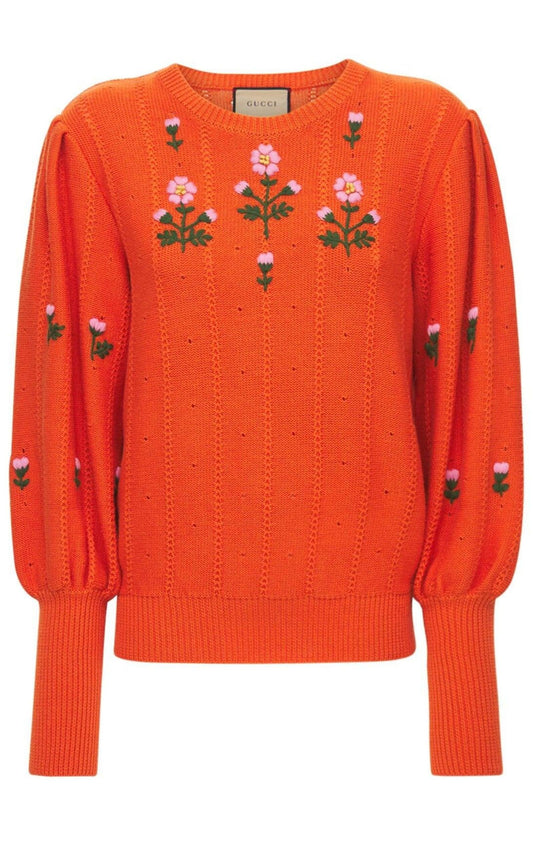 Floral Embroidered Wool Blend Sweater