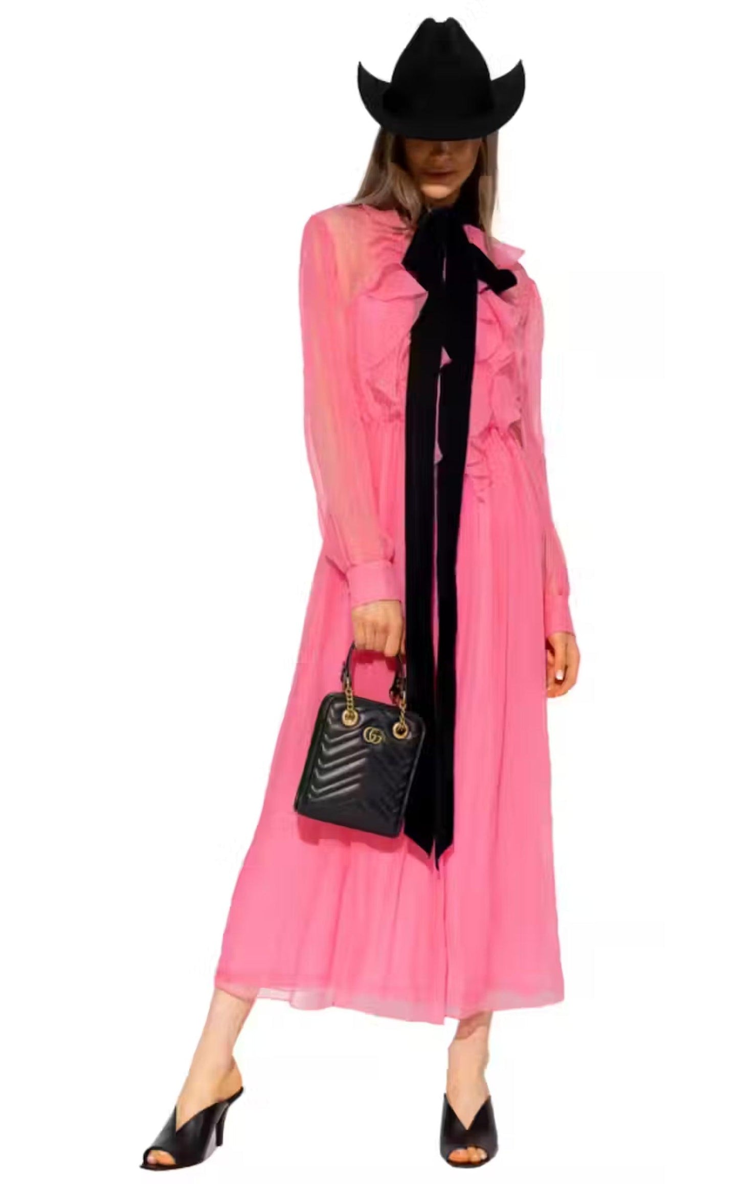 فستان متوسط ​​الطول من الشيفون الحريري مع أربطة مخملية