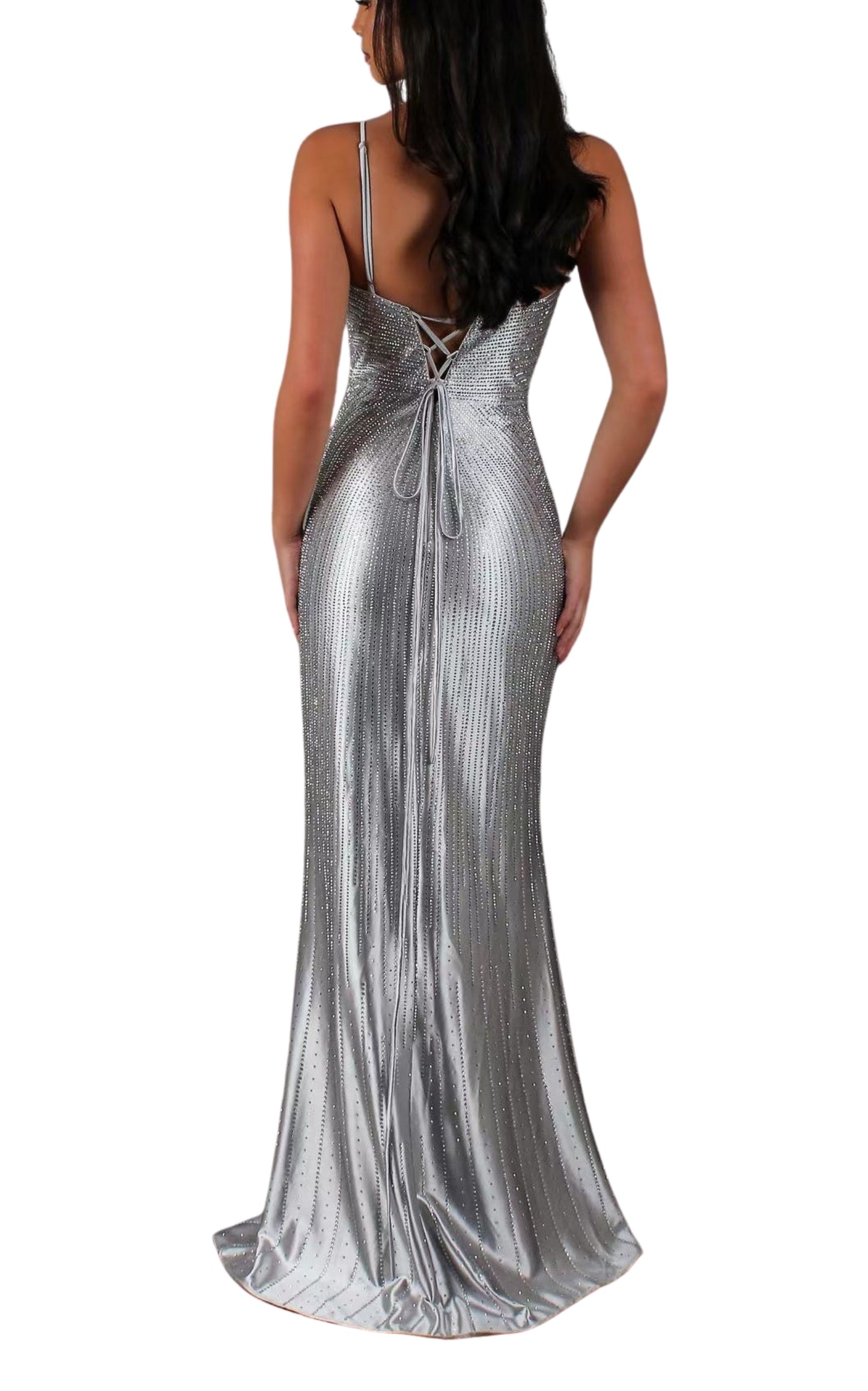 Silver Formal Dress with Rhinestone V Plunge Neckline Fitted Mermaid Leg Split