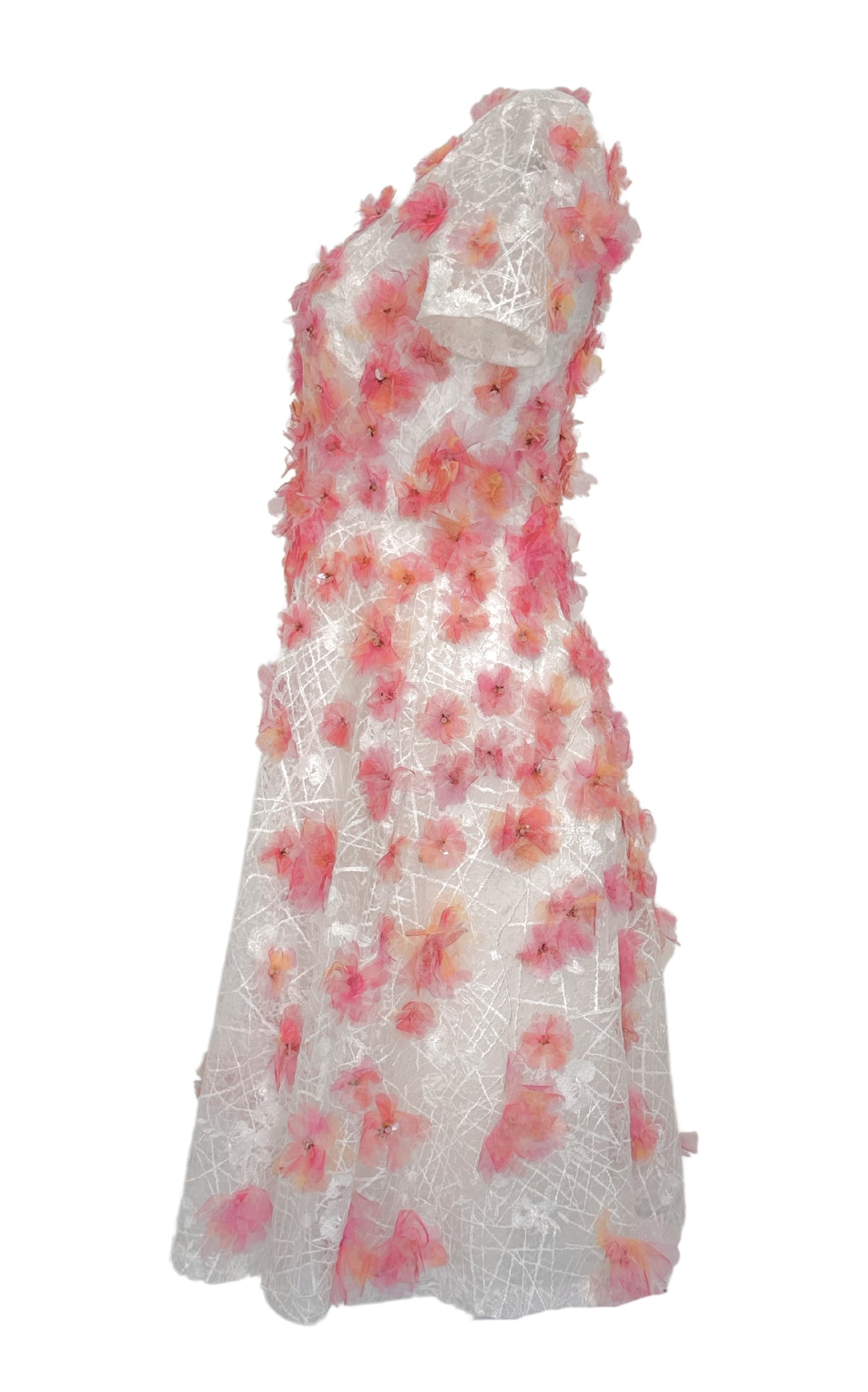Vestido midi de encaje con aplicaciones florales rosa