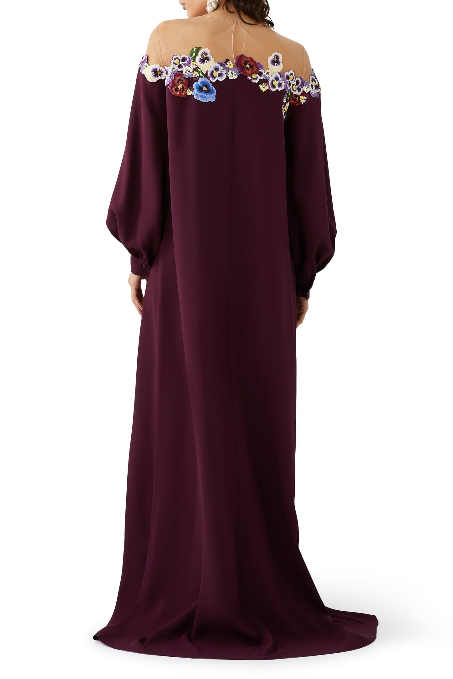 Appliqued Tulle-trimmed Silk-blend Crepe Gown